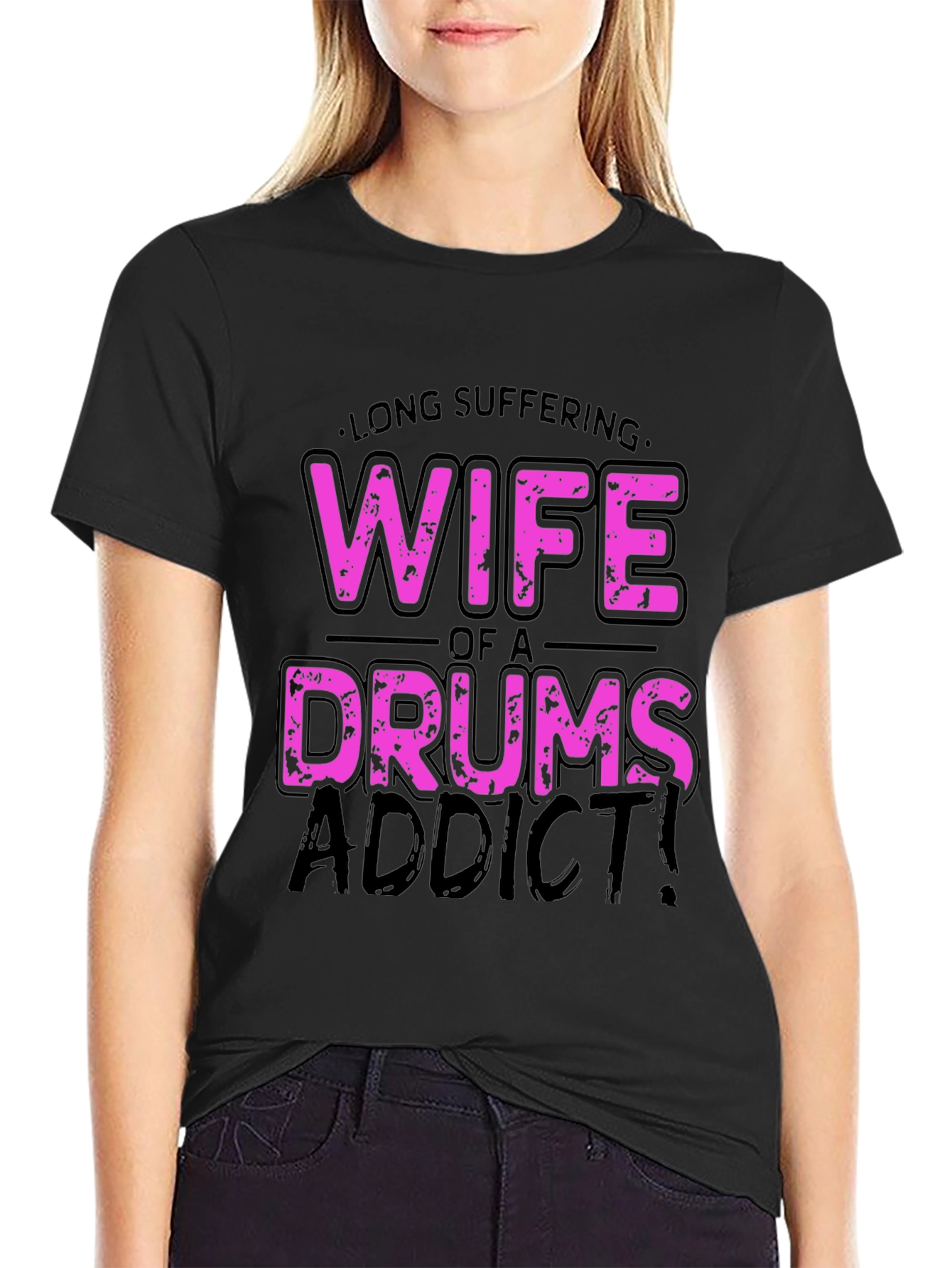 Black Wife of a Drums Addict T-Shirt - Humorous Tee view 2