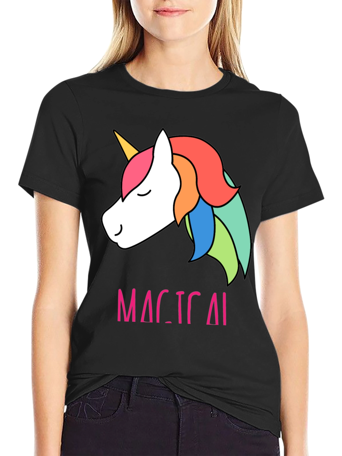 Black Magical Unicorn T-Shirt - Cute Rainbow Design view 2