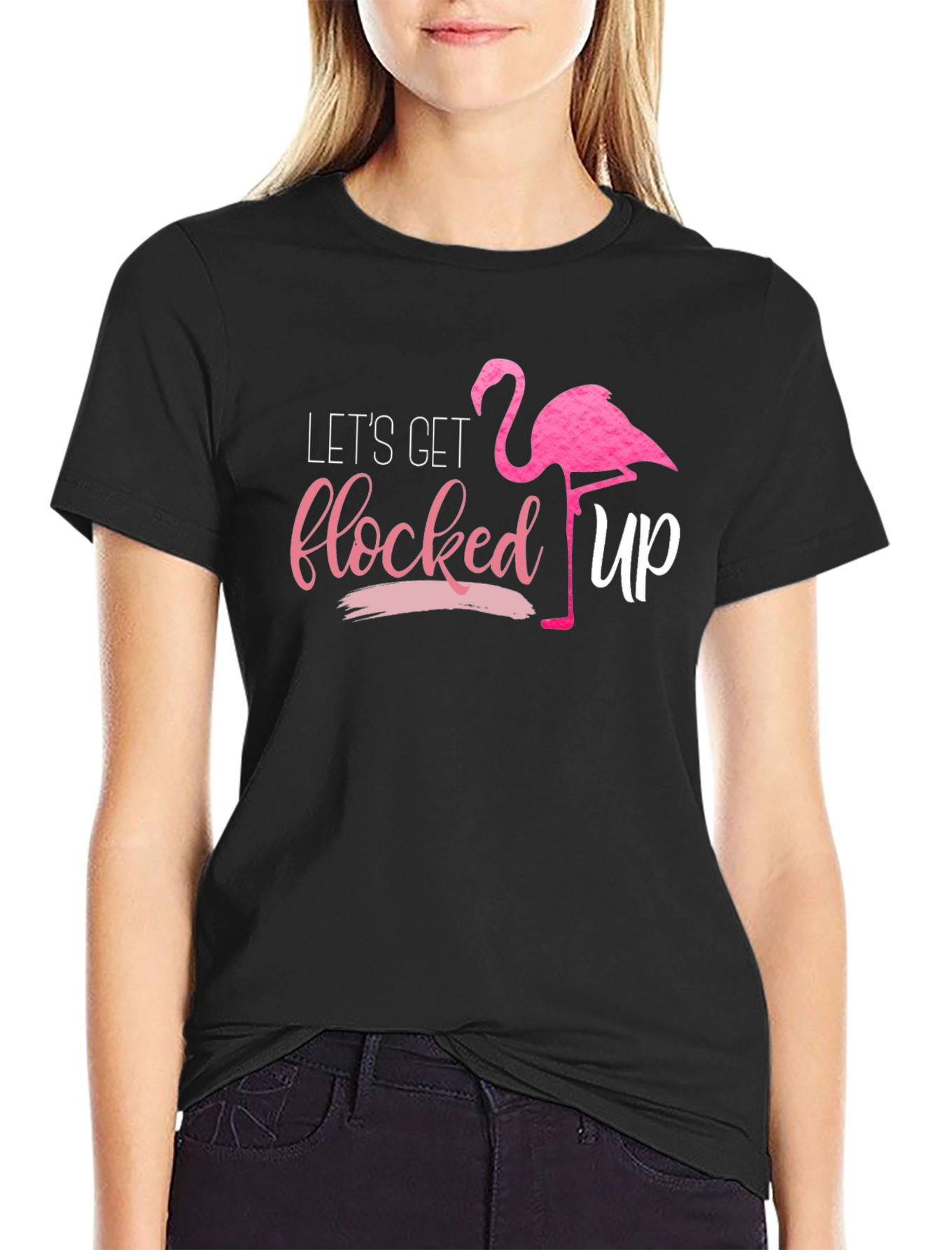 Black Let's Get Flocked Up Flamingo T-Shirt view 2