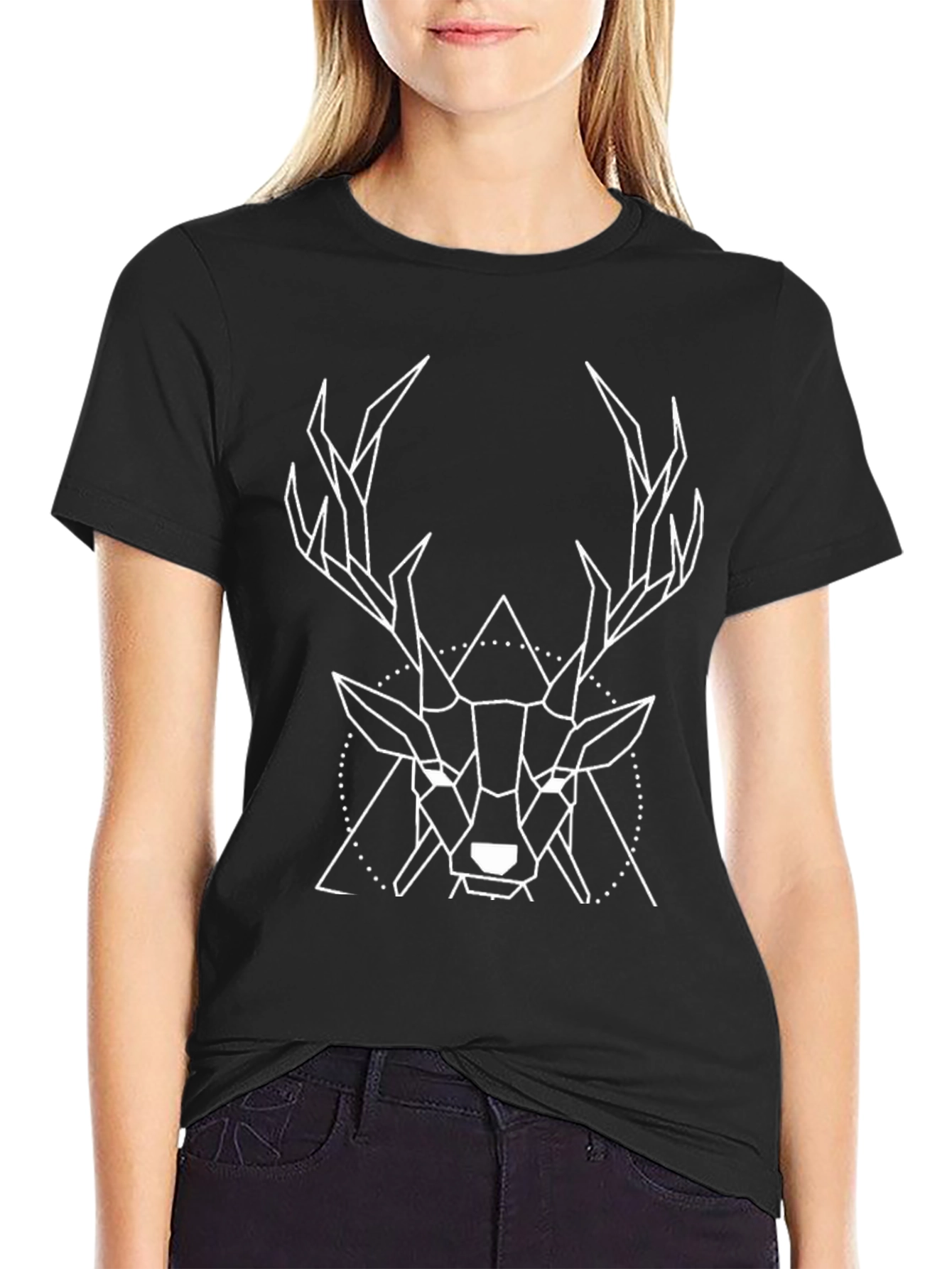 Black Geometric Deer Graphic Tee - Black Cotton T-Shirt view 2