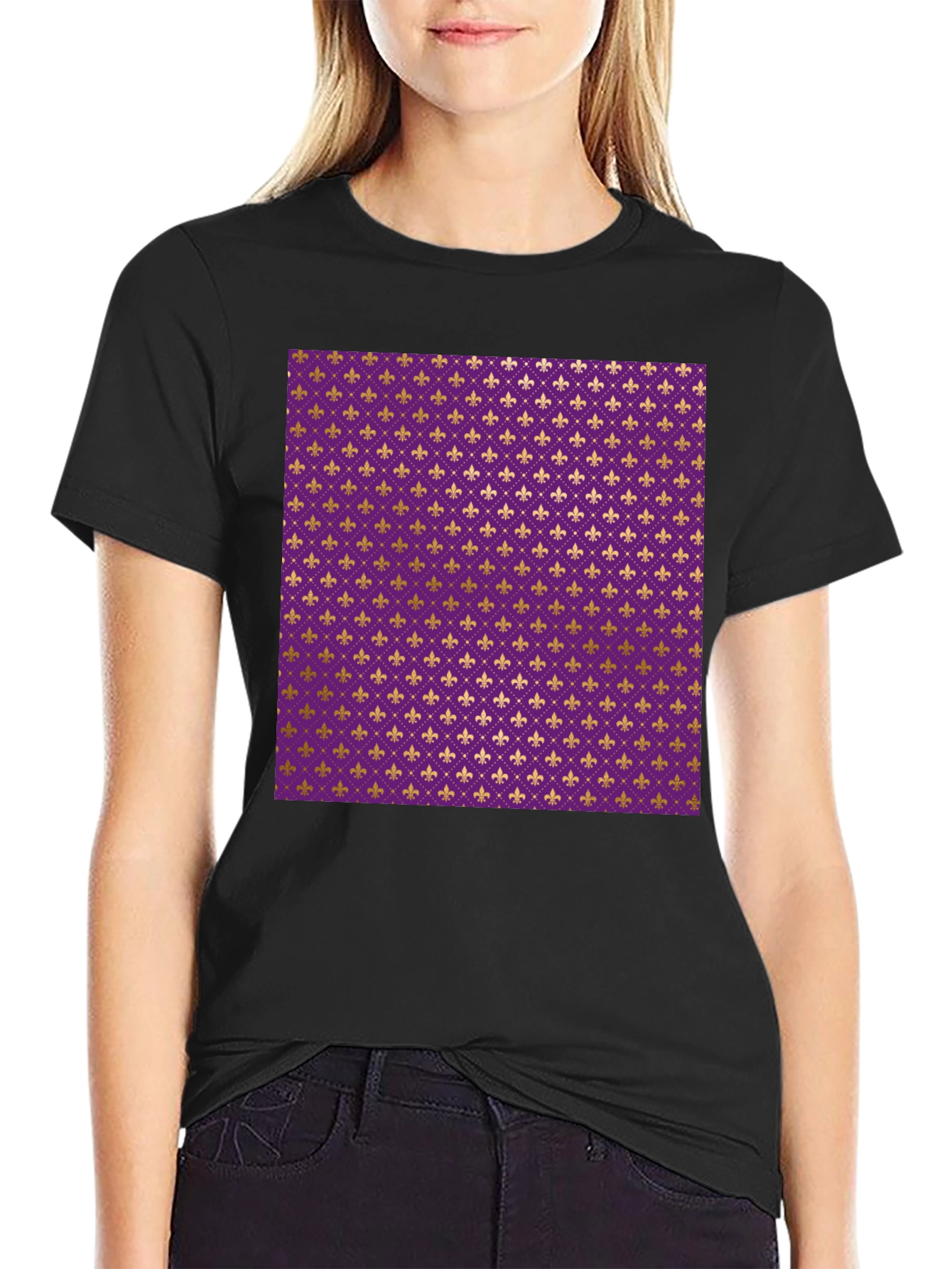 Black Fleur-de-lis Pattern T-Shirt view 2