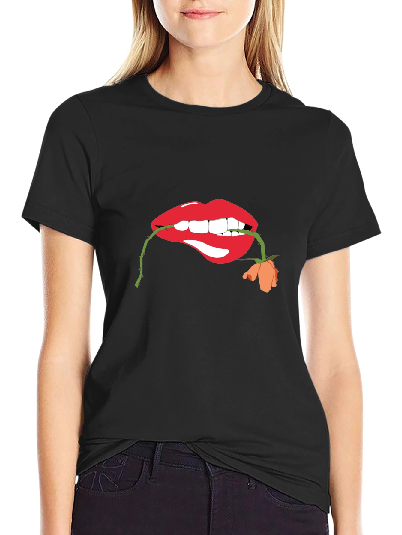 Black Lips with Rose Graphic T-Shirt view 2