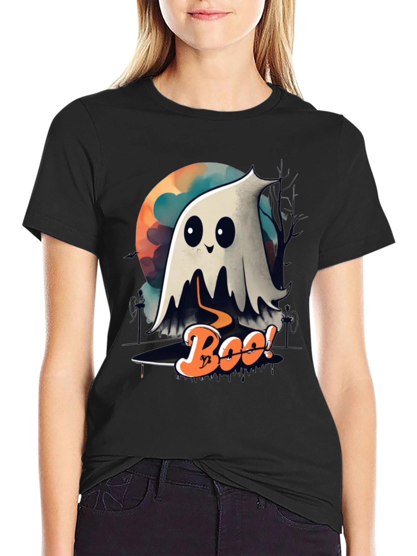 Black Spooky Boo Ghost Halloween T-Shirt view 2