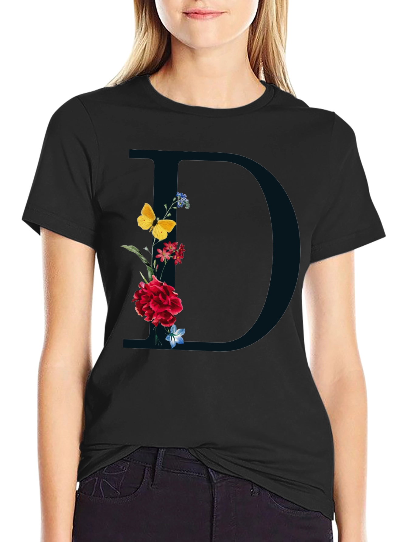 Black Floral Initial 'D' Graphic Tee - Elegant Design view 2