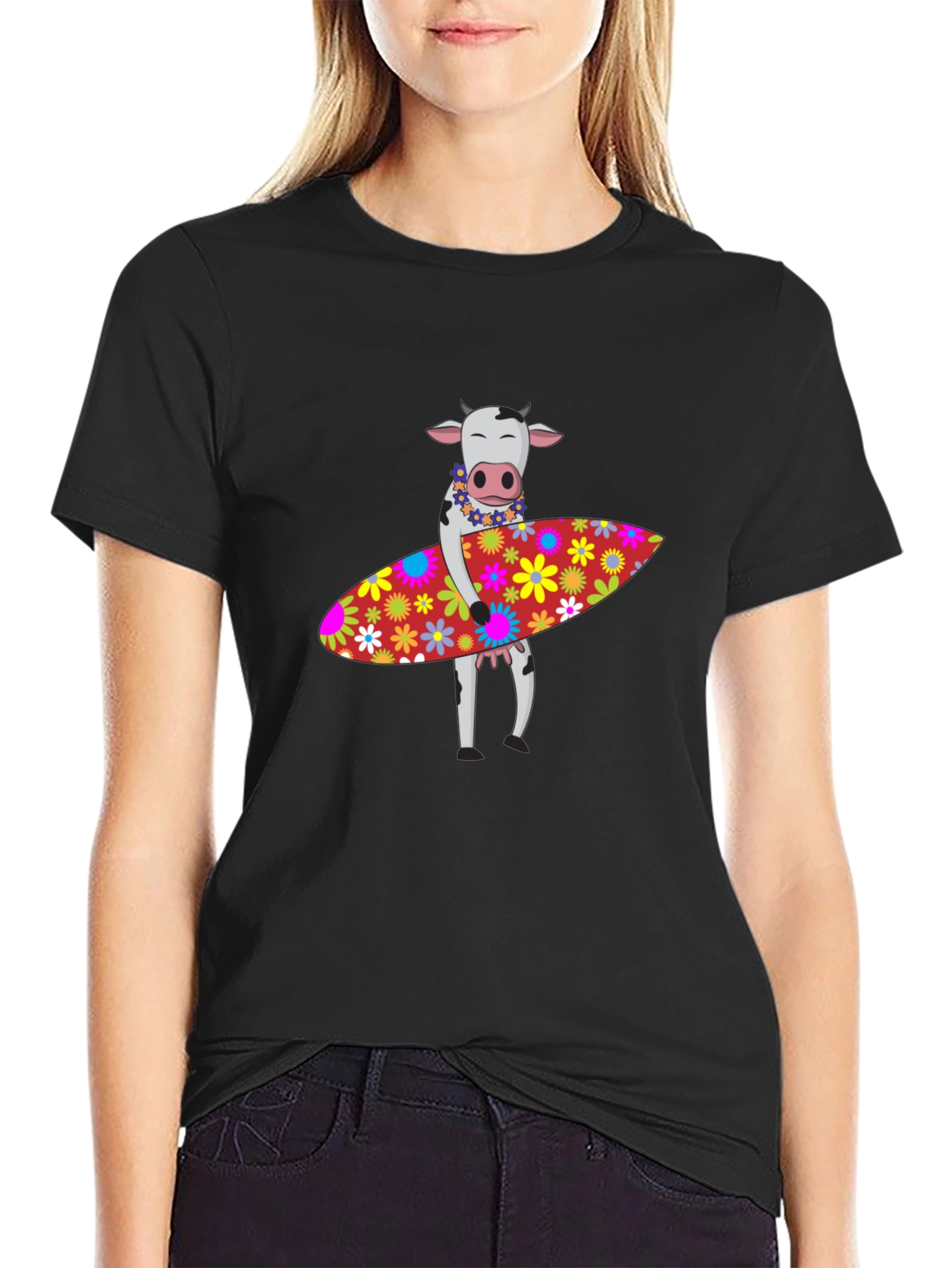 Black Surfing Cow Graphic Tee - Black Cotton T-Shirt view 2
