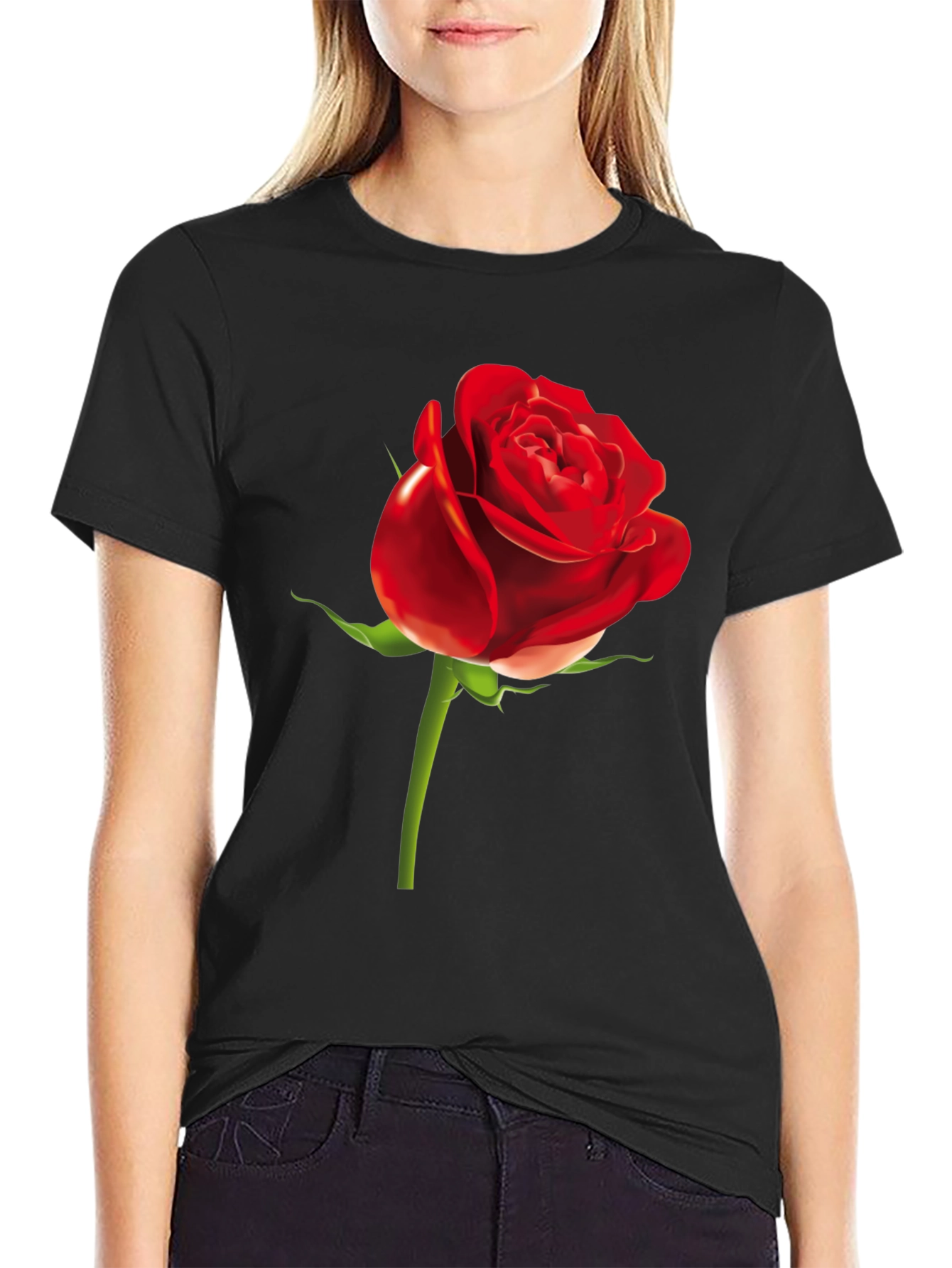 Red Rose Graphic Print Black T-Shirt - 2