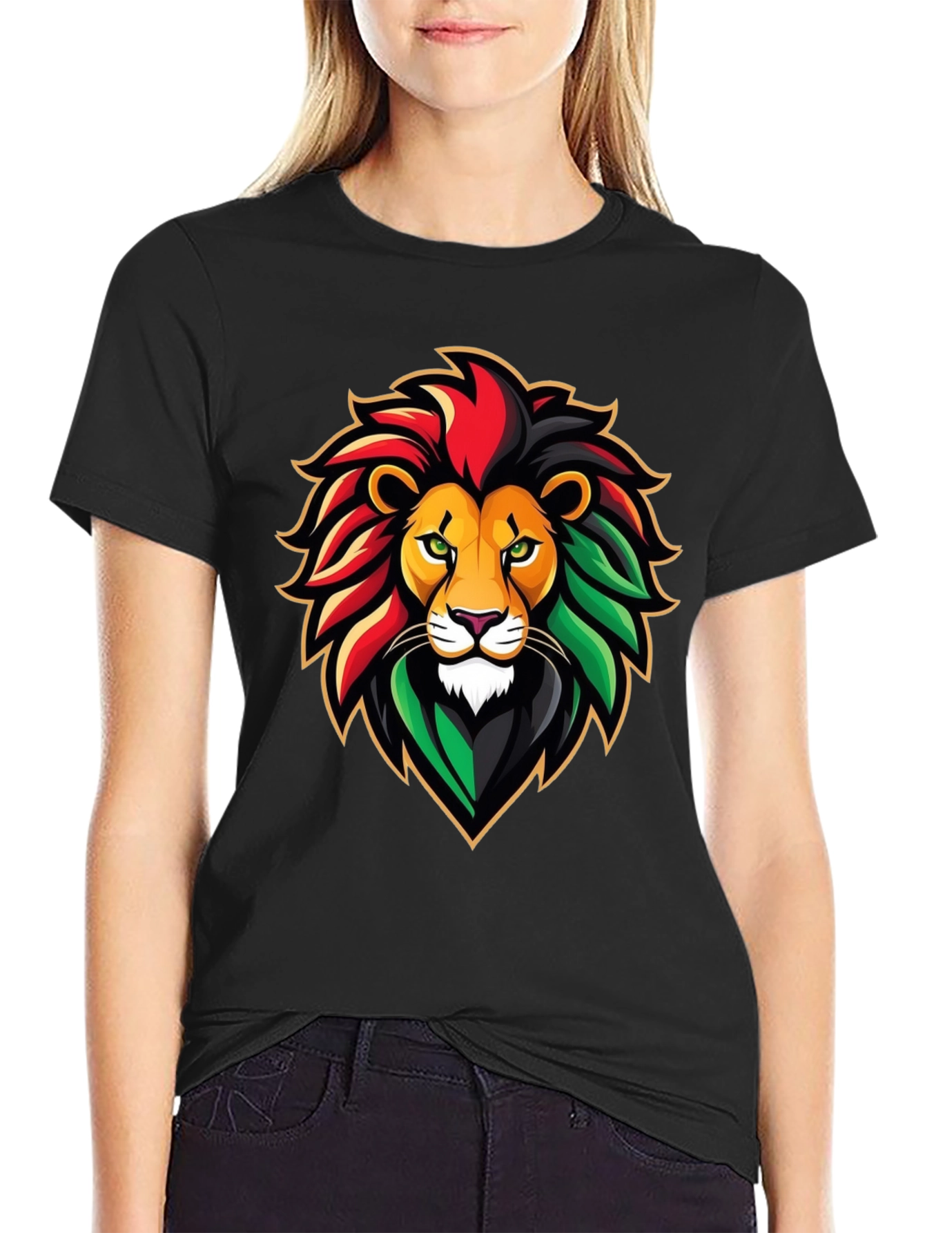 Black Rasta Lion Graphic Tee - Black Cotton T-Shirt view 2