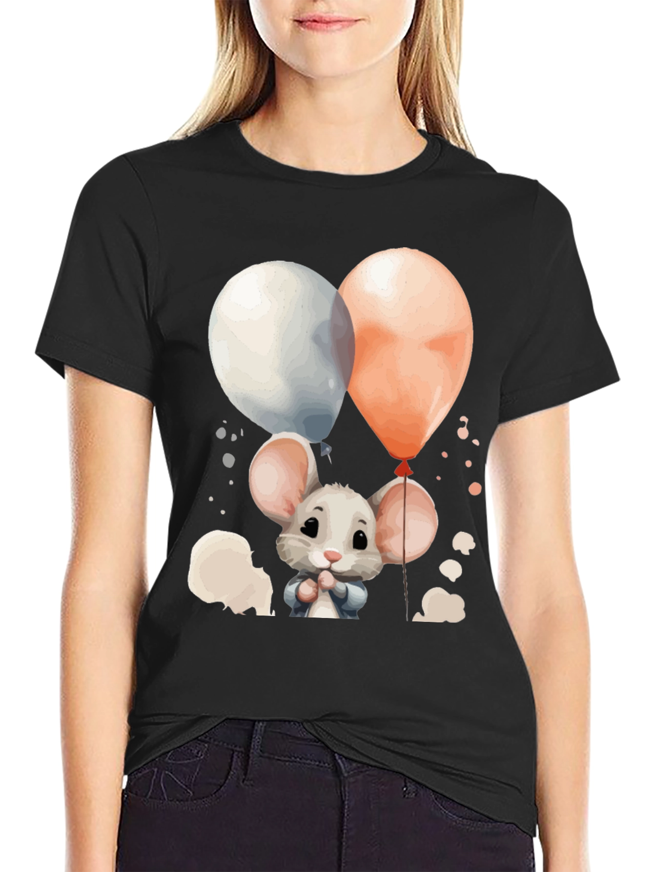 Black Cute Mouse Balloons Graphic Tee - Black Cotton Blend view 2