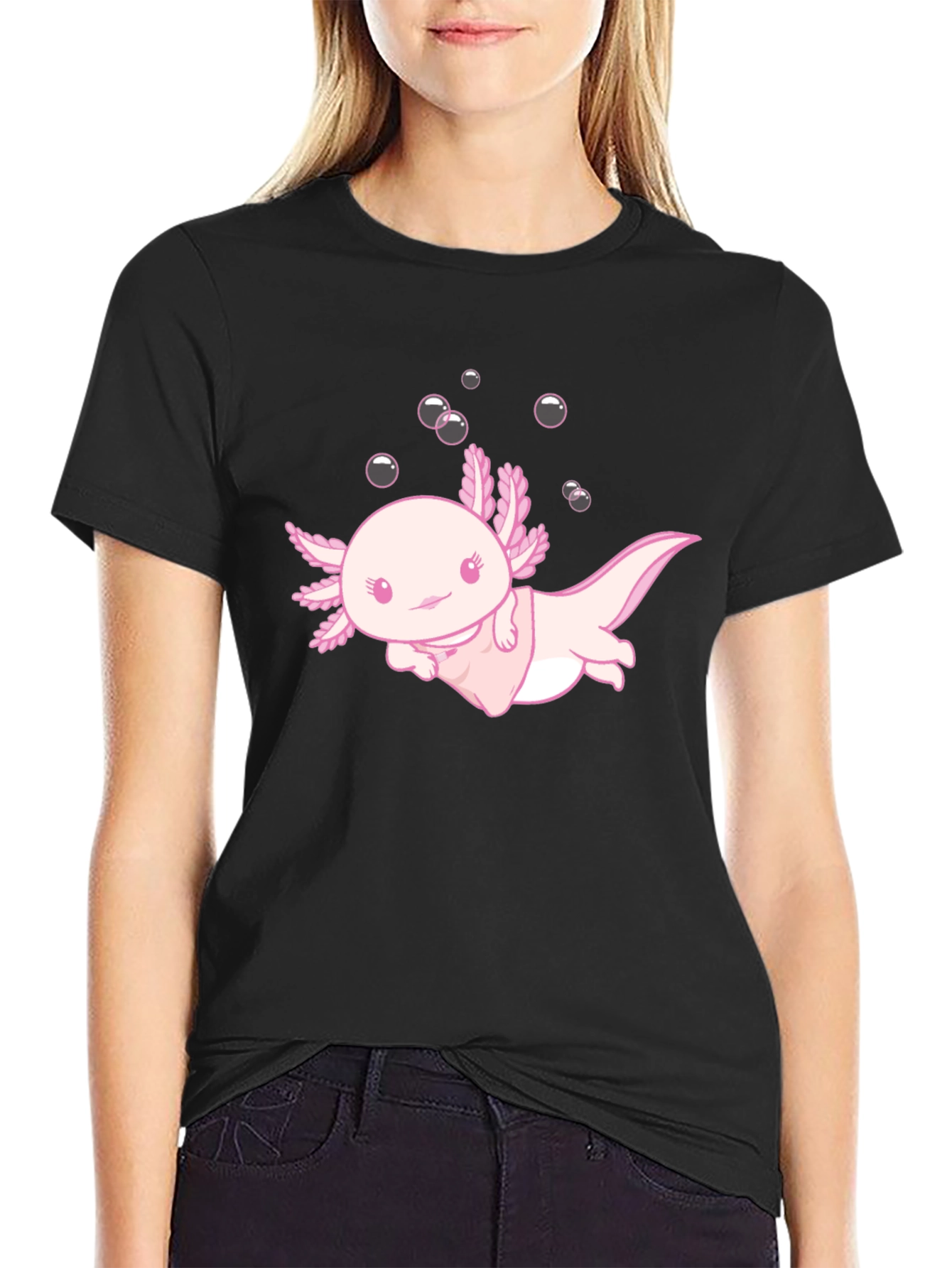 Black Cute Axolotl Black T-Shirt view 2