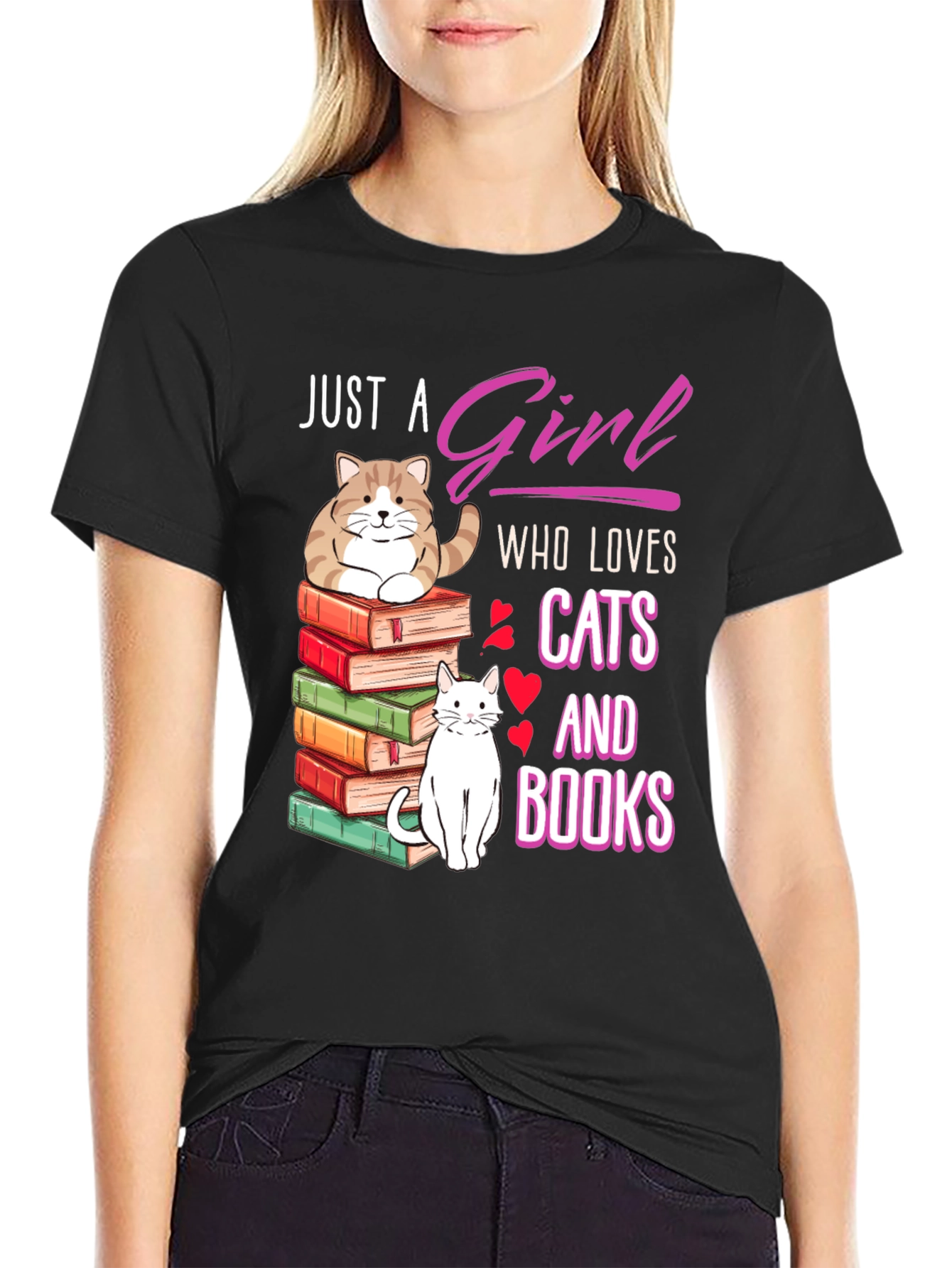 Black Just A Girl Who Loves Cats and Books T-Shirt view 2