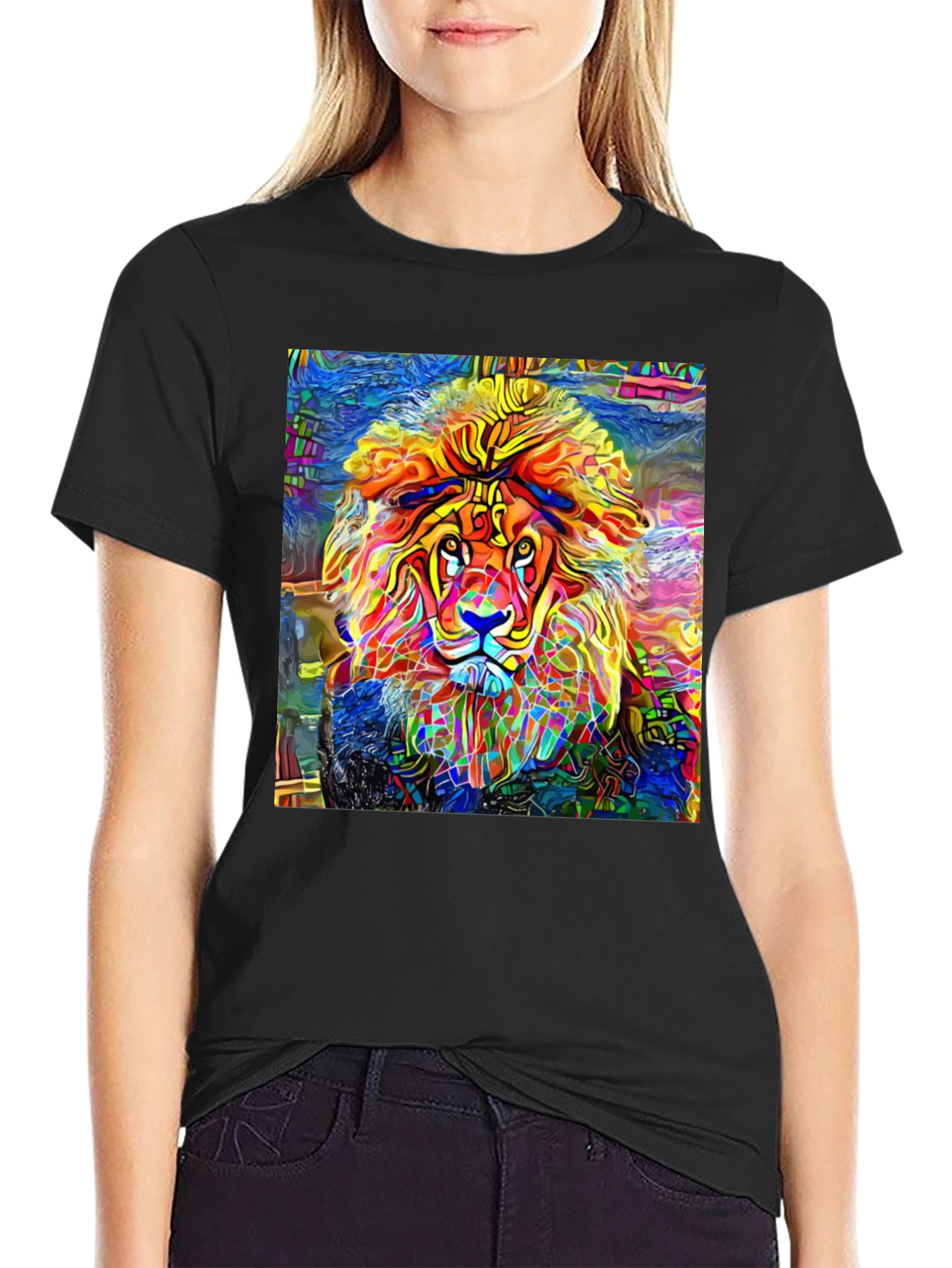 Black Vibrant Lion Graphic Black T-Shirt - Artistic Animal Tee view 2