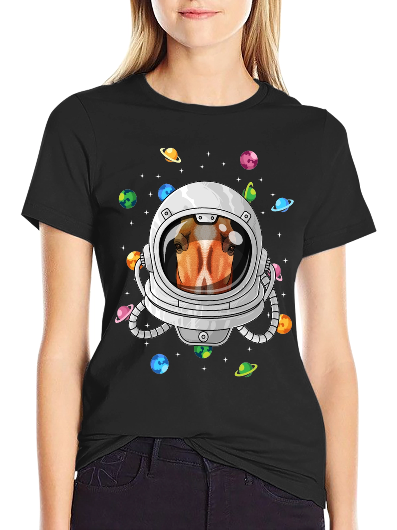 Black Astronaut Horse T-Shirt, Space Animal Tee view 2