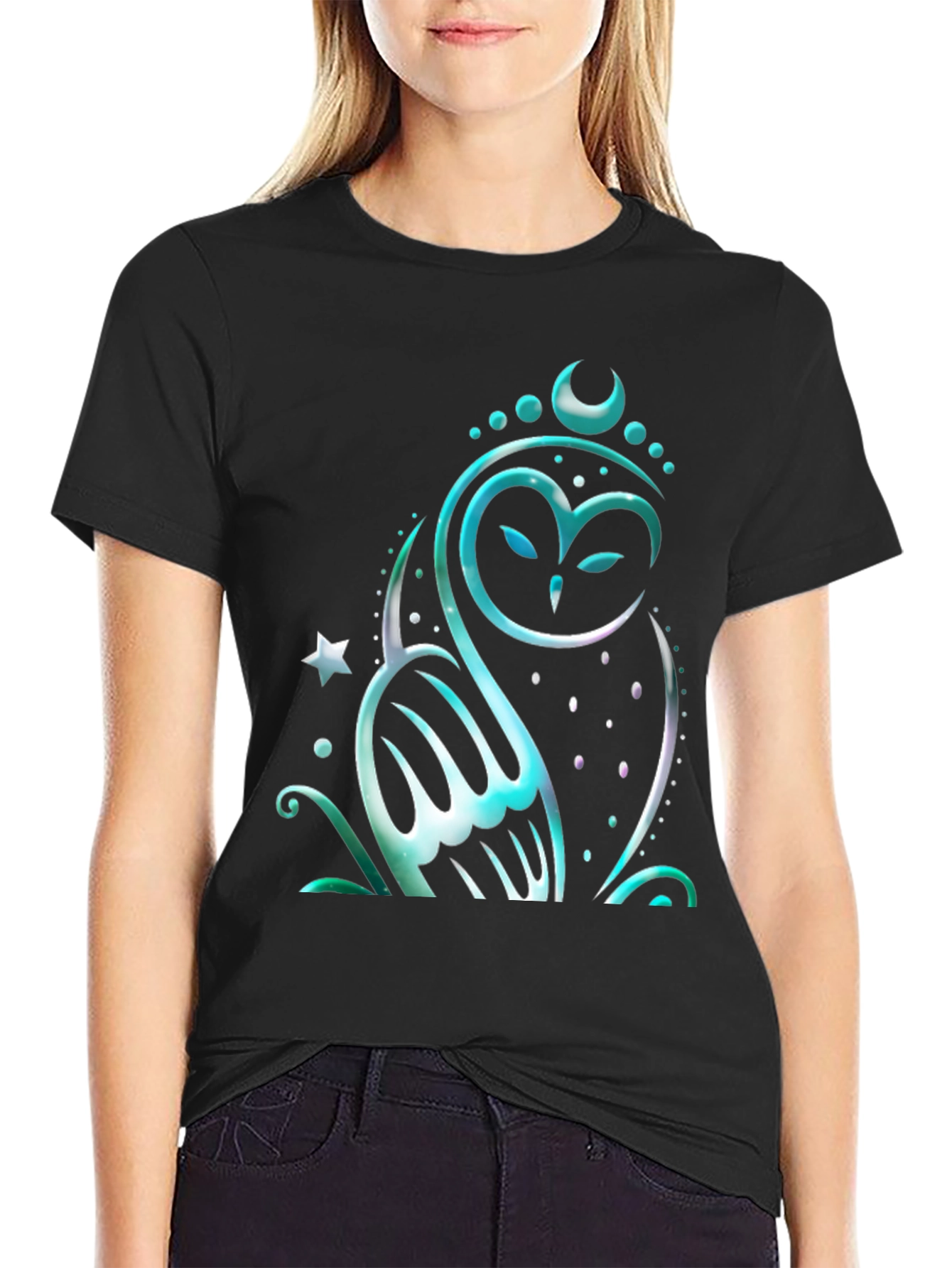 Black Mystical Owl Graphic Tee - Black Cotton Blend Shirt view 2