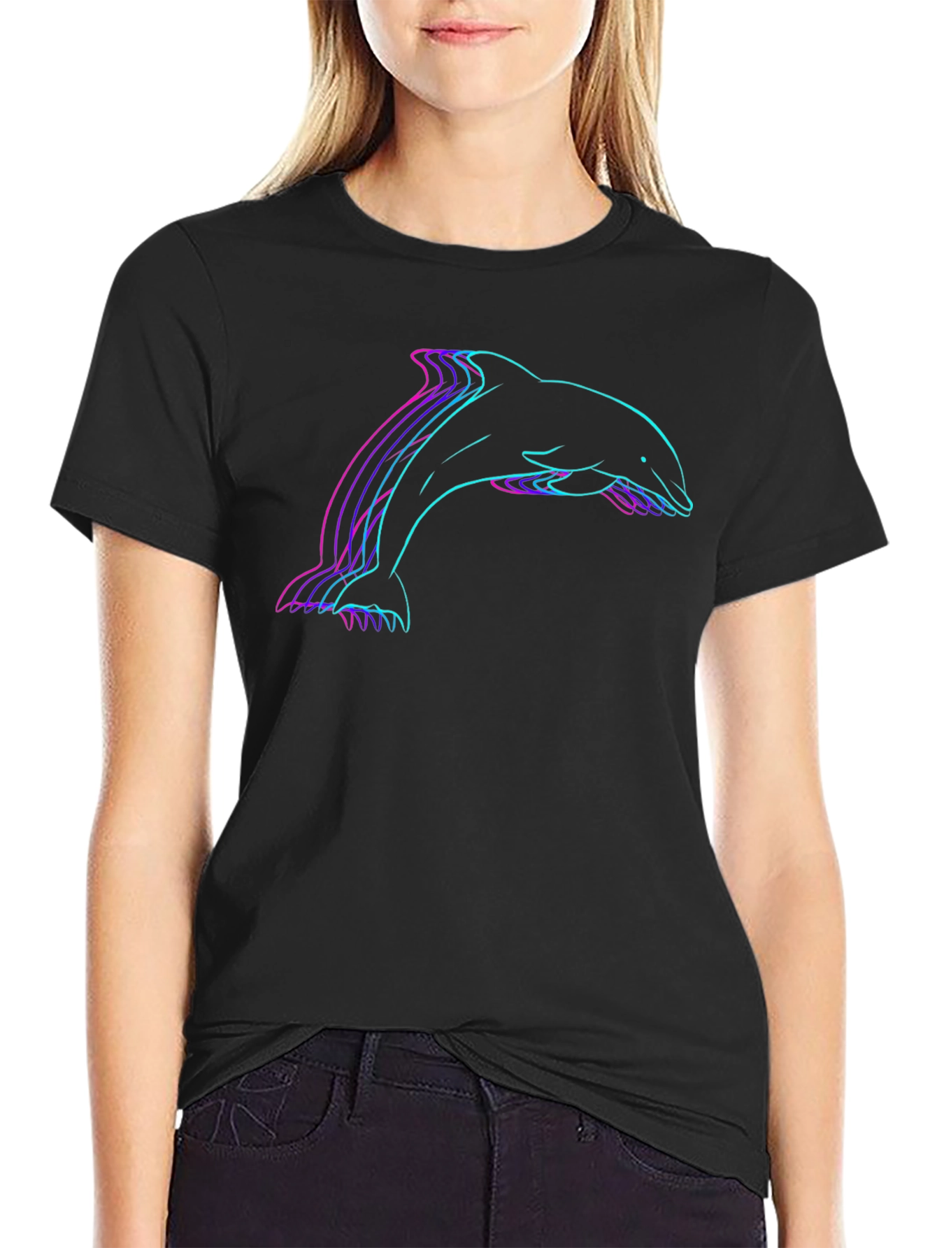 Black Retro Dolphin Graphic Tee - Black Cotton Blend view 2