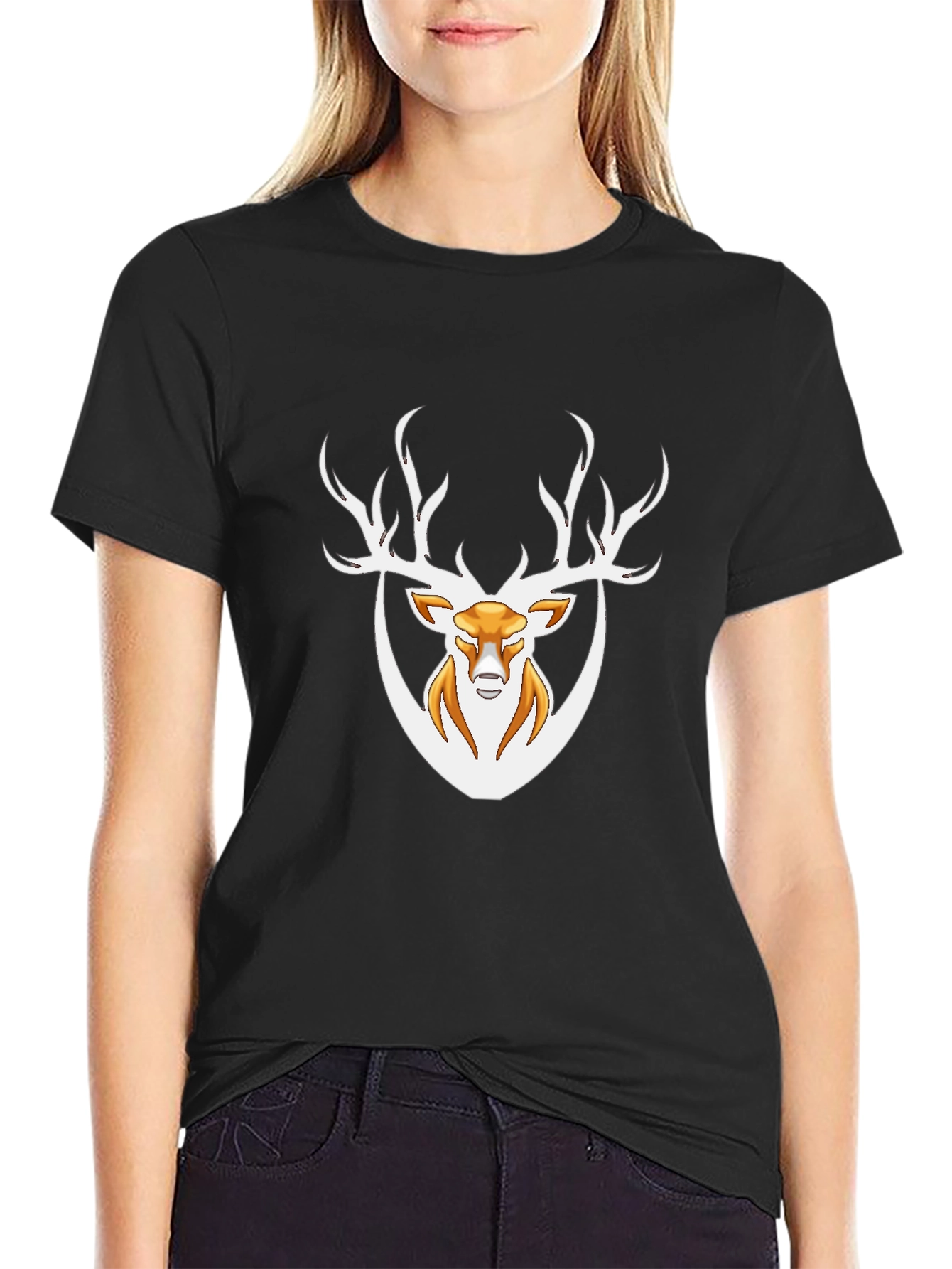 Black Men's Black T-Shirt with Deer Graphic view 2