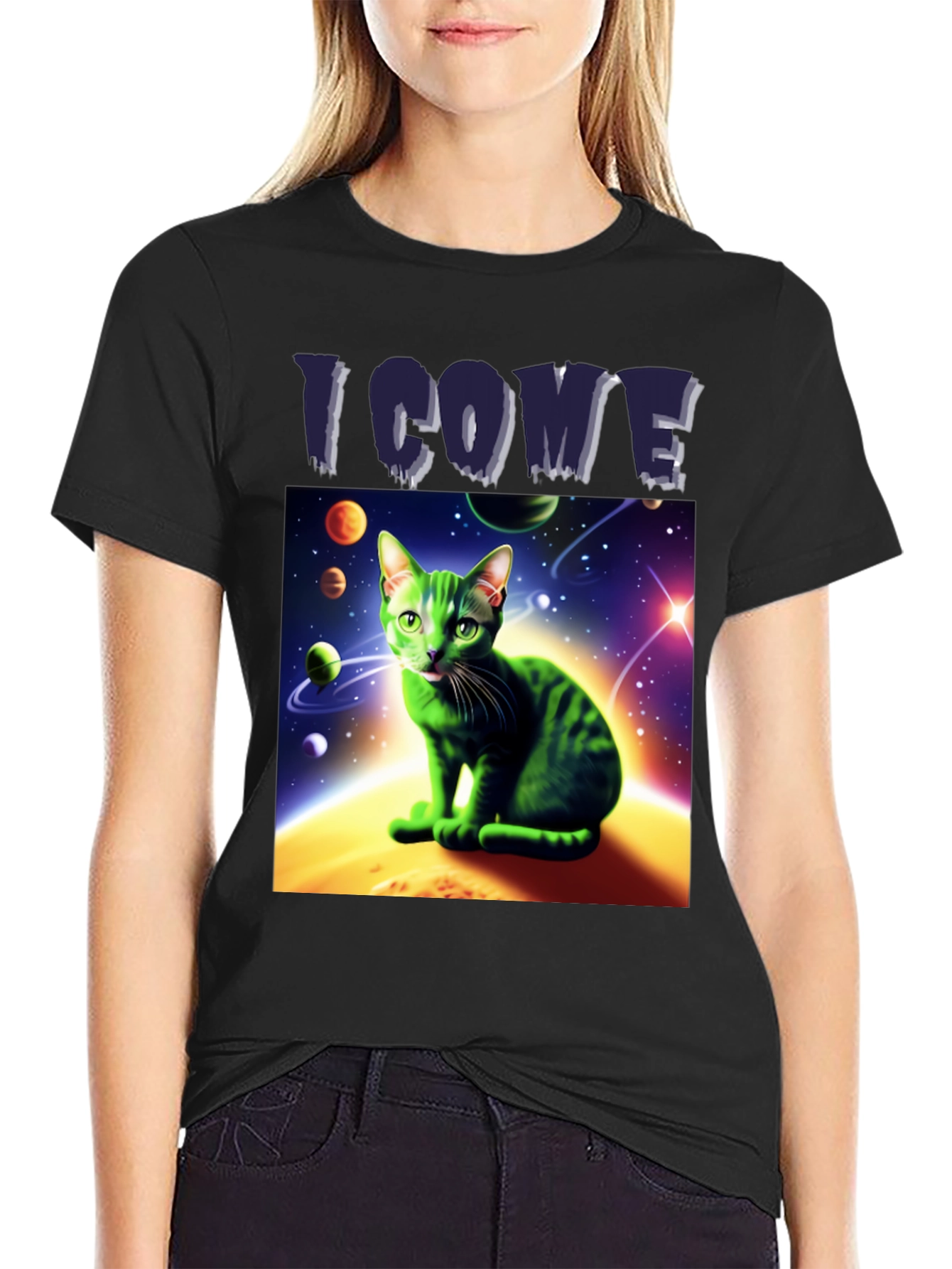 Black I Come In Peace Cat T-Shirt - Space Alien Green Kitty Tee view 2