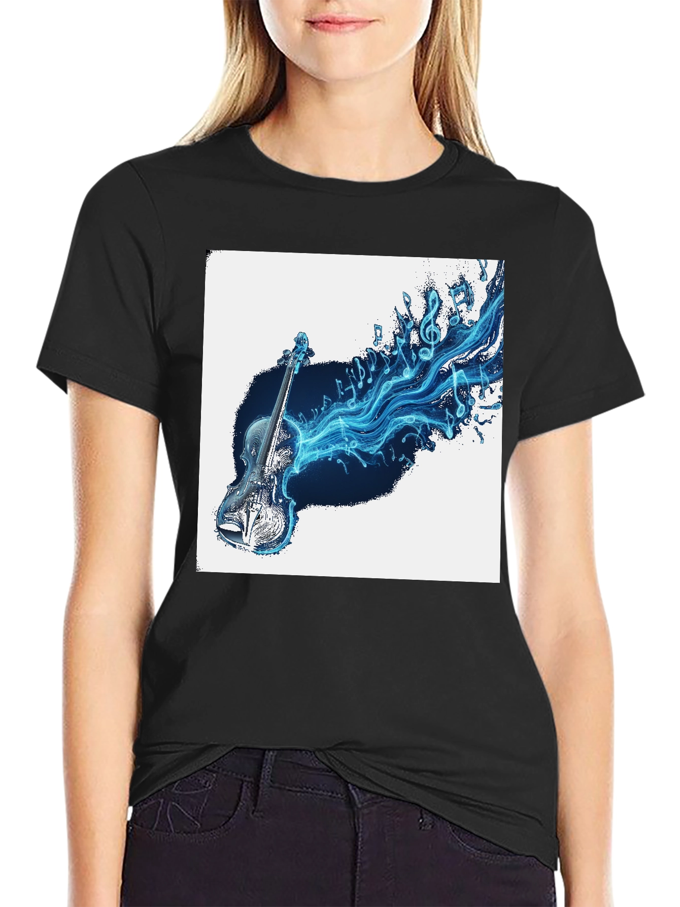 Black Musical Violin Graphic T-Shirt - Black view 2