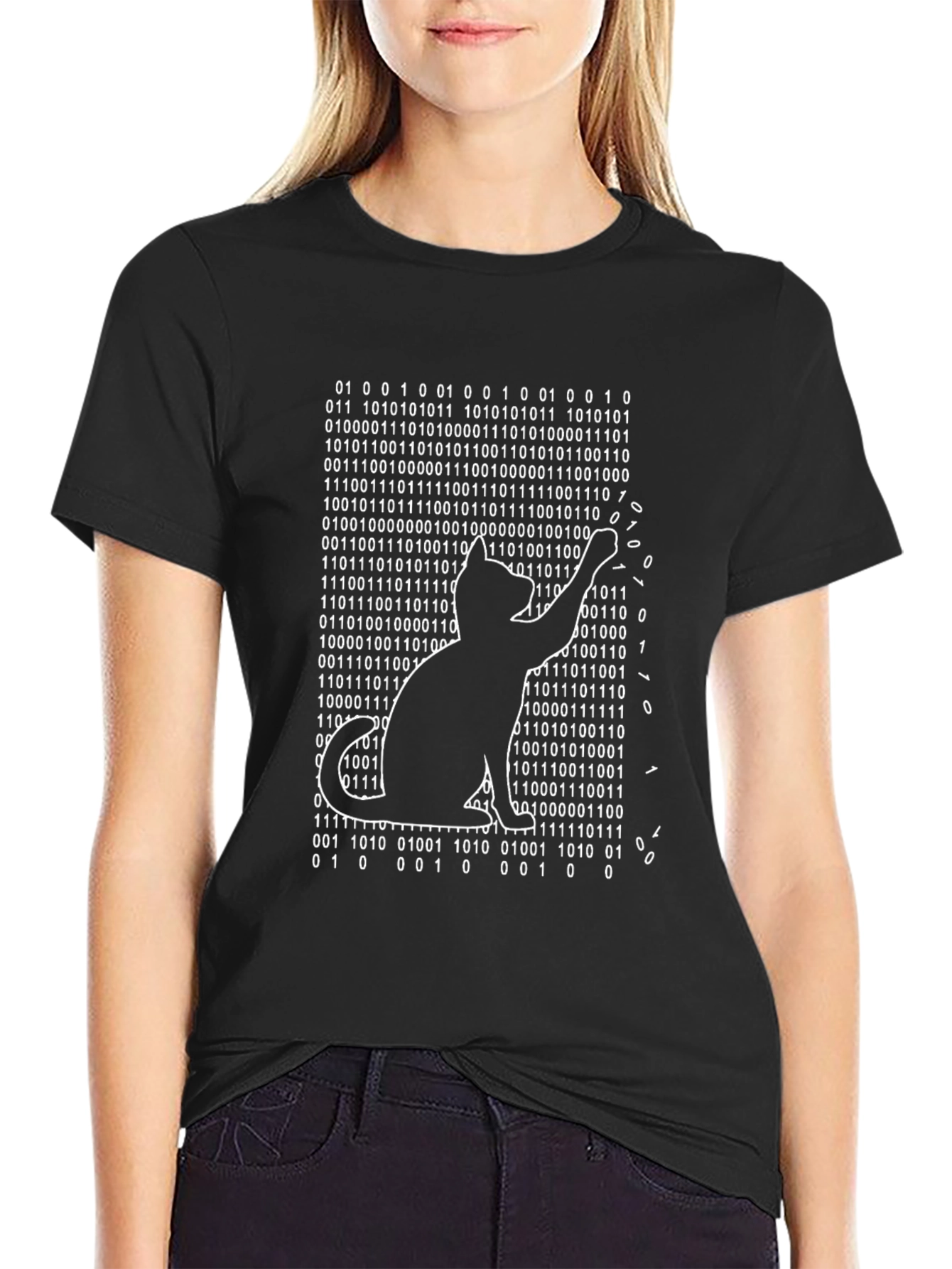 Black Binary Code Cat T-Shirt - Programmer Humor view 2