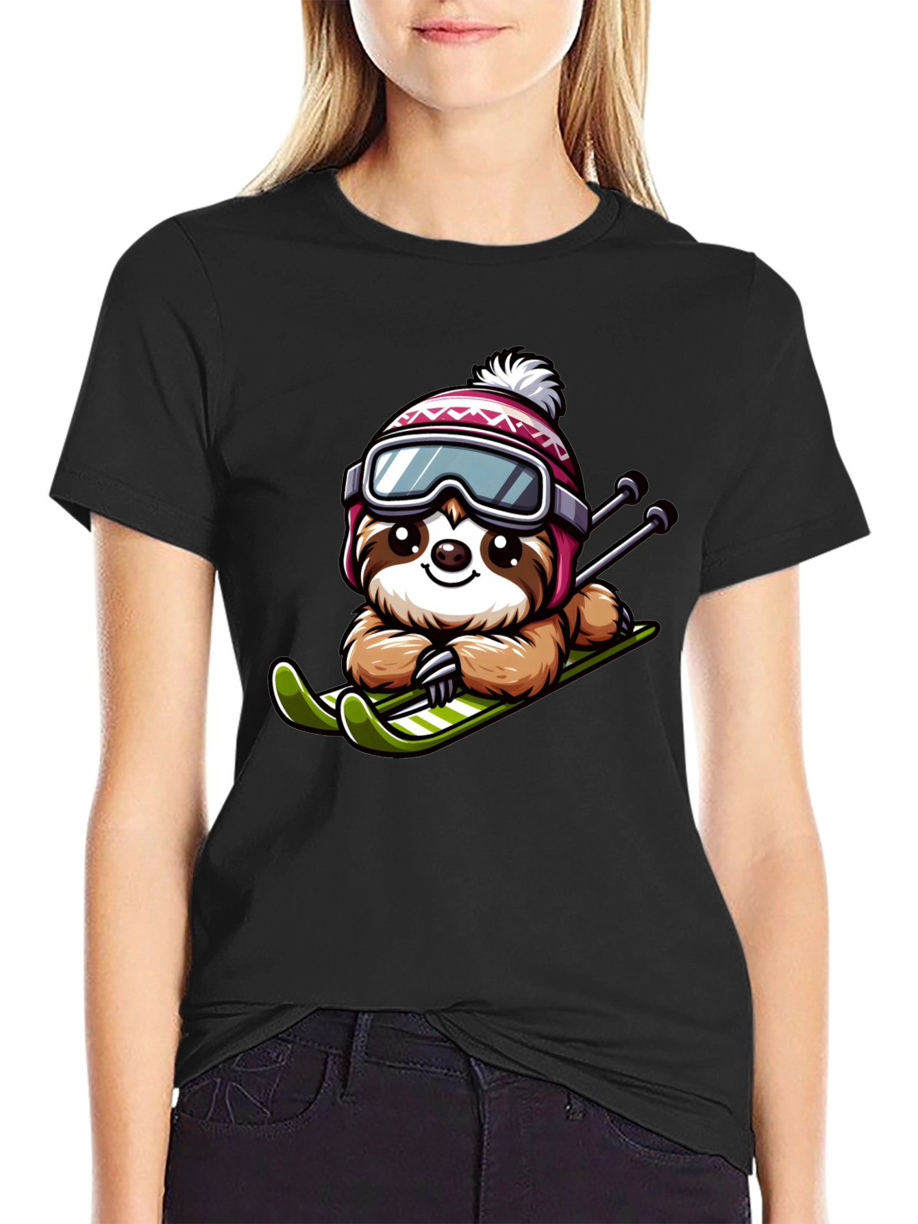 Black Skiing Sloth Graphic Tee - Winter Fun view 2