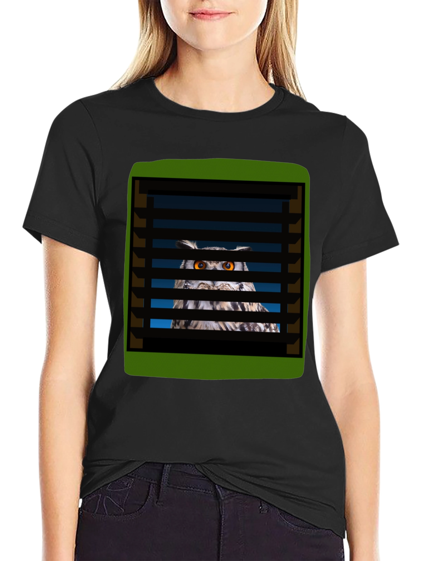 Black Owl Peeking Through Blinds Graphic T-Shirt view 2