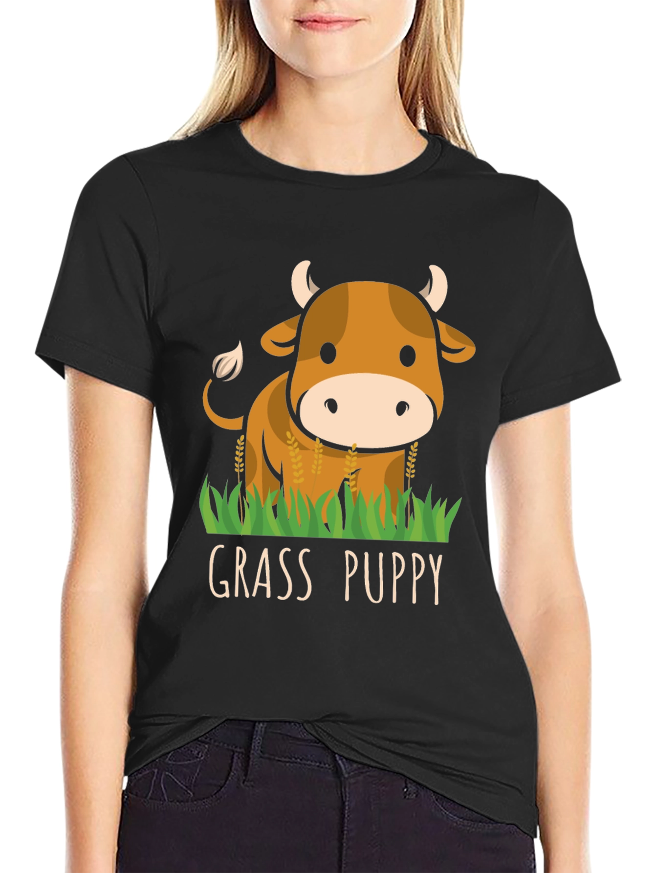 Black Grass Puppy Cute Cow Graphic T-Shirt view 2