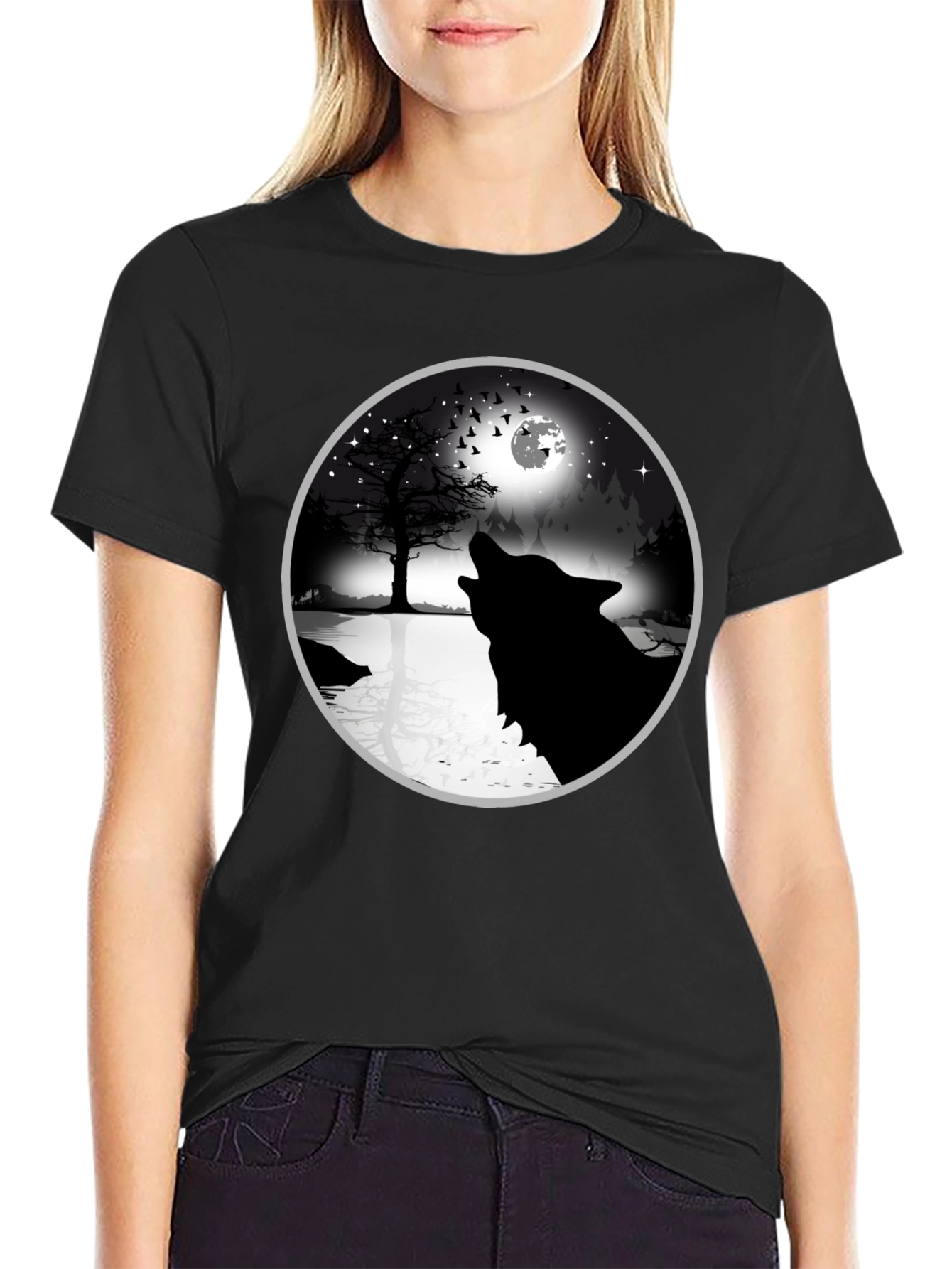 Black Wolf Howling at Moon Graphic Tee - Black view 2