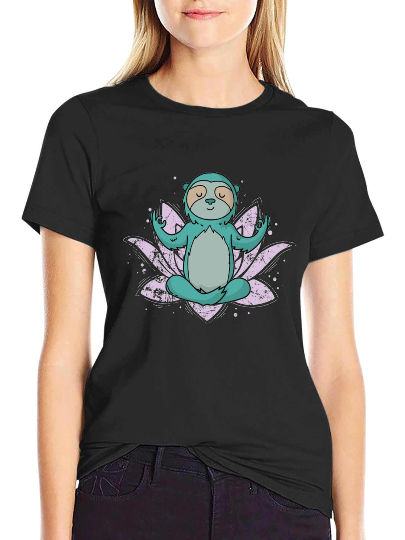 Black Meditating Sloth T-Shirt - Lotus Flower Design view 2