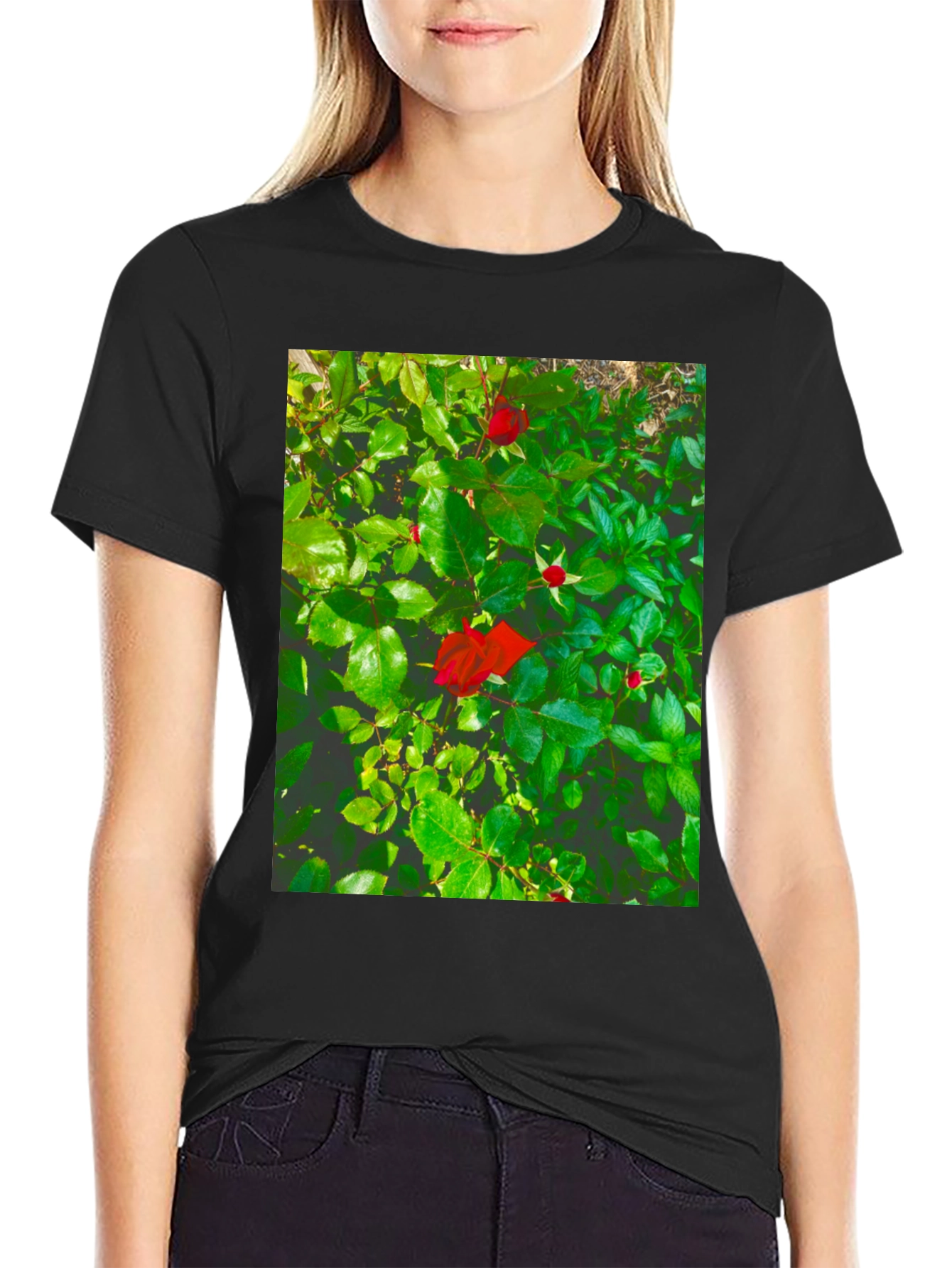 Black Rose Bush Graphic Tee - Nature Inspired Black T-Shirt view 2