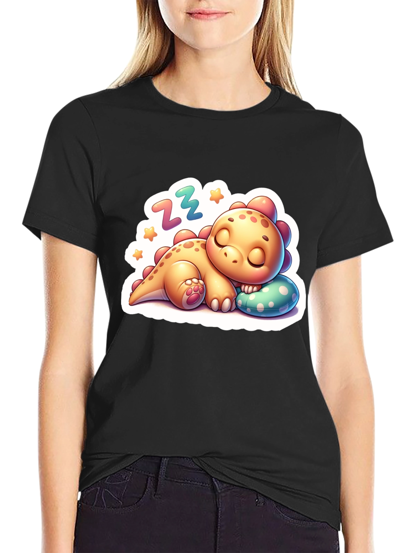 Black Cute Sleeping Dinosaur T-Shirt - Comfortable Cotton Blend view 2