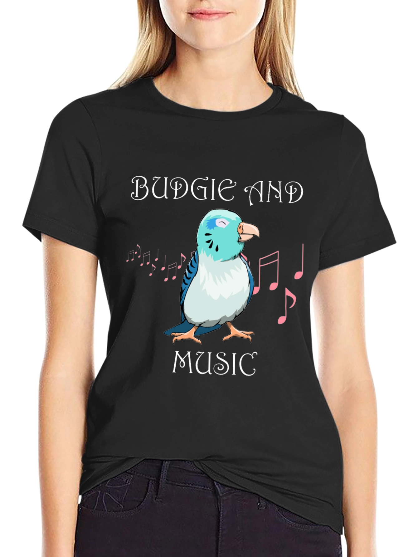 Black Budgie and Music Graphic T-Shirt view 2