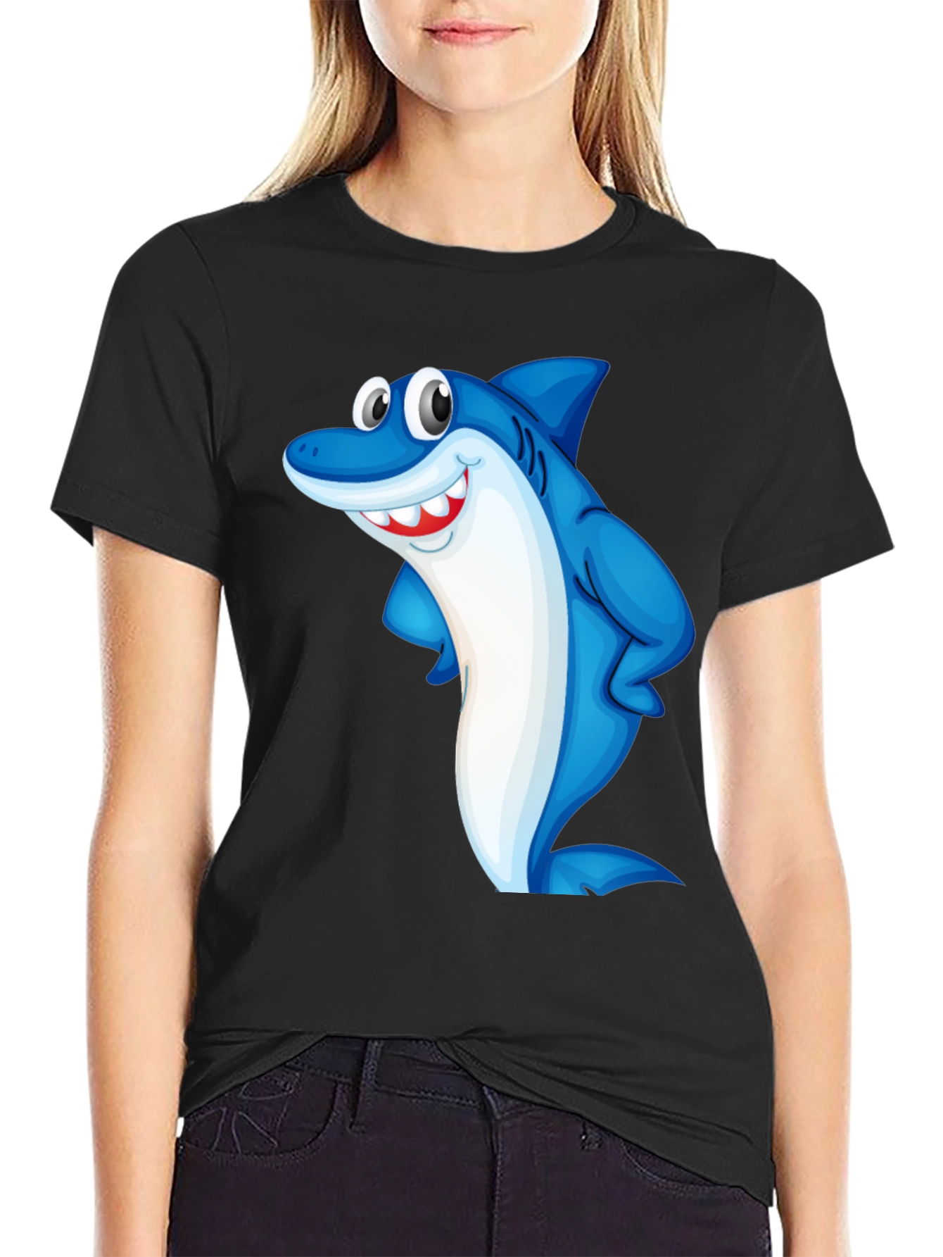 Black Funny Shark Graphic Tee - Black Cotton Blend T-Shirt view 2