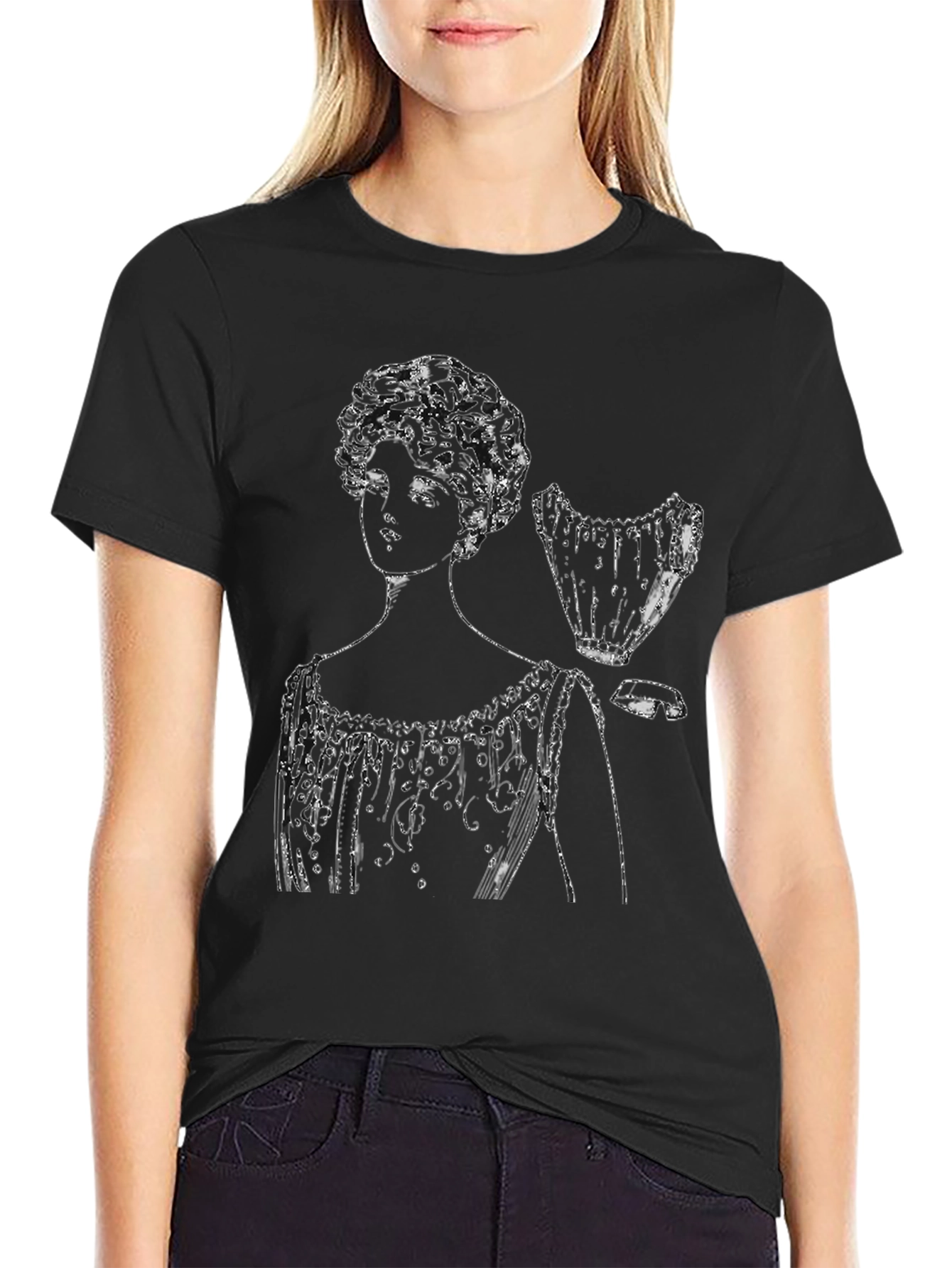 Black Vintage Woman Sketch Black T-Shirt view 2