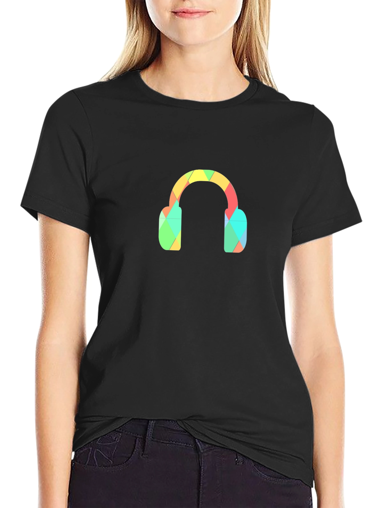 Black Geometric Headphones Black T-Shirt view 2