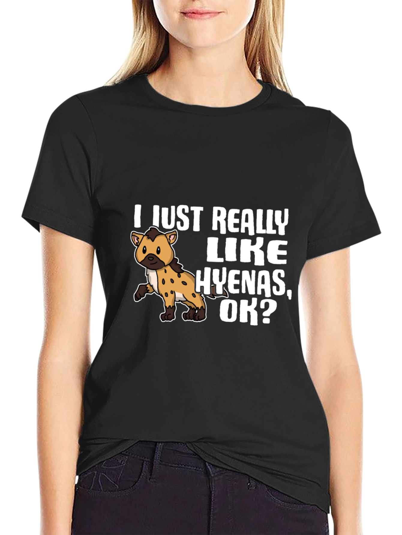 Black Hyena Lover Graphic Tee - I Just Really Like Hyenas T-Shirt view 2