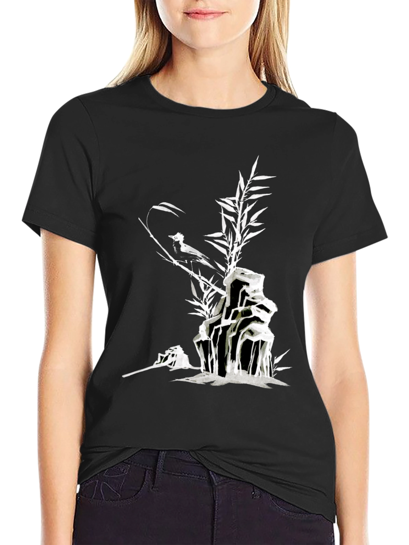 Black Men's Black T-Shirt with Bird and Bamboo Graphic view 2