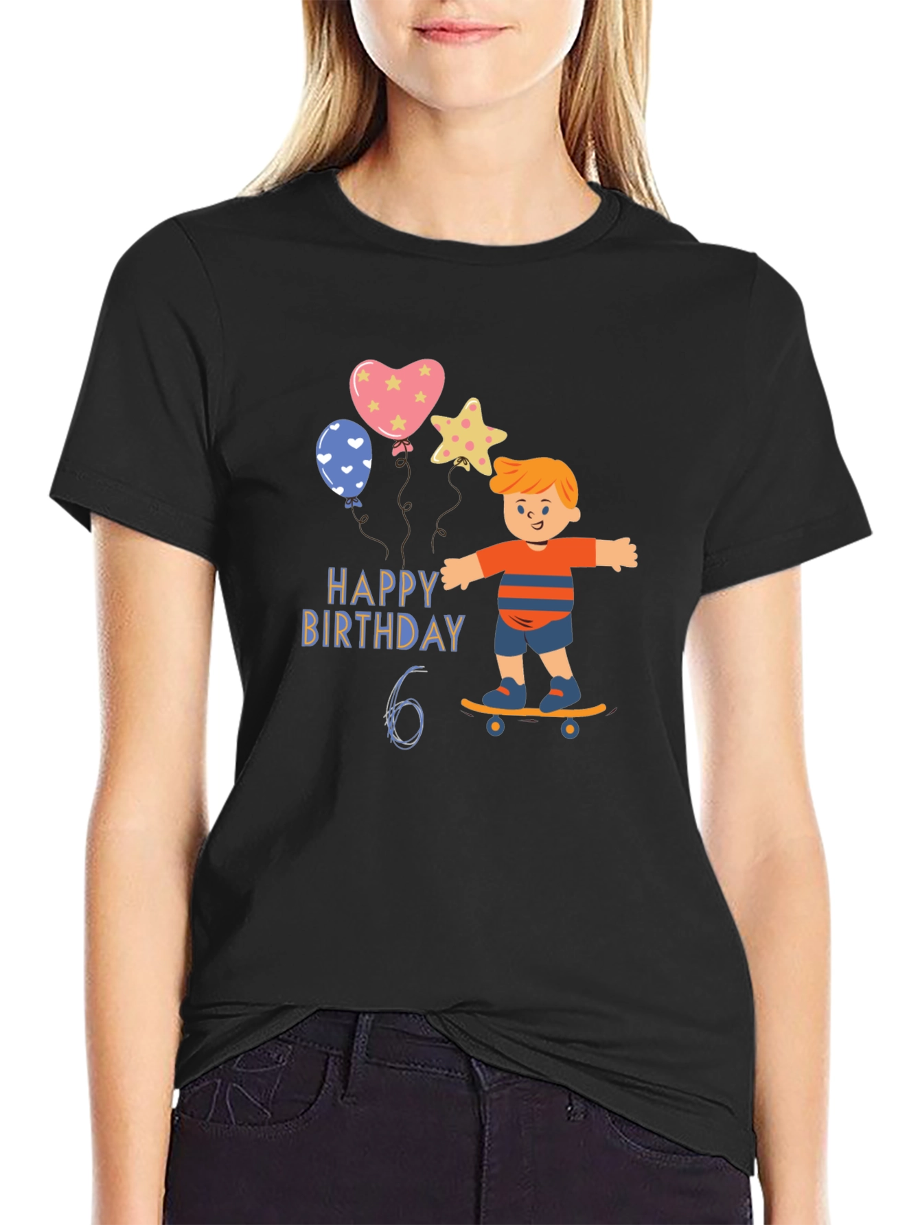 Black Happy 6th Birthday Skateboard T-Shirt view 2