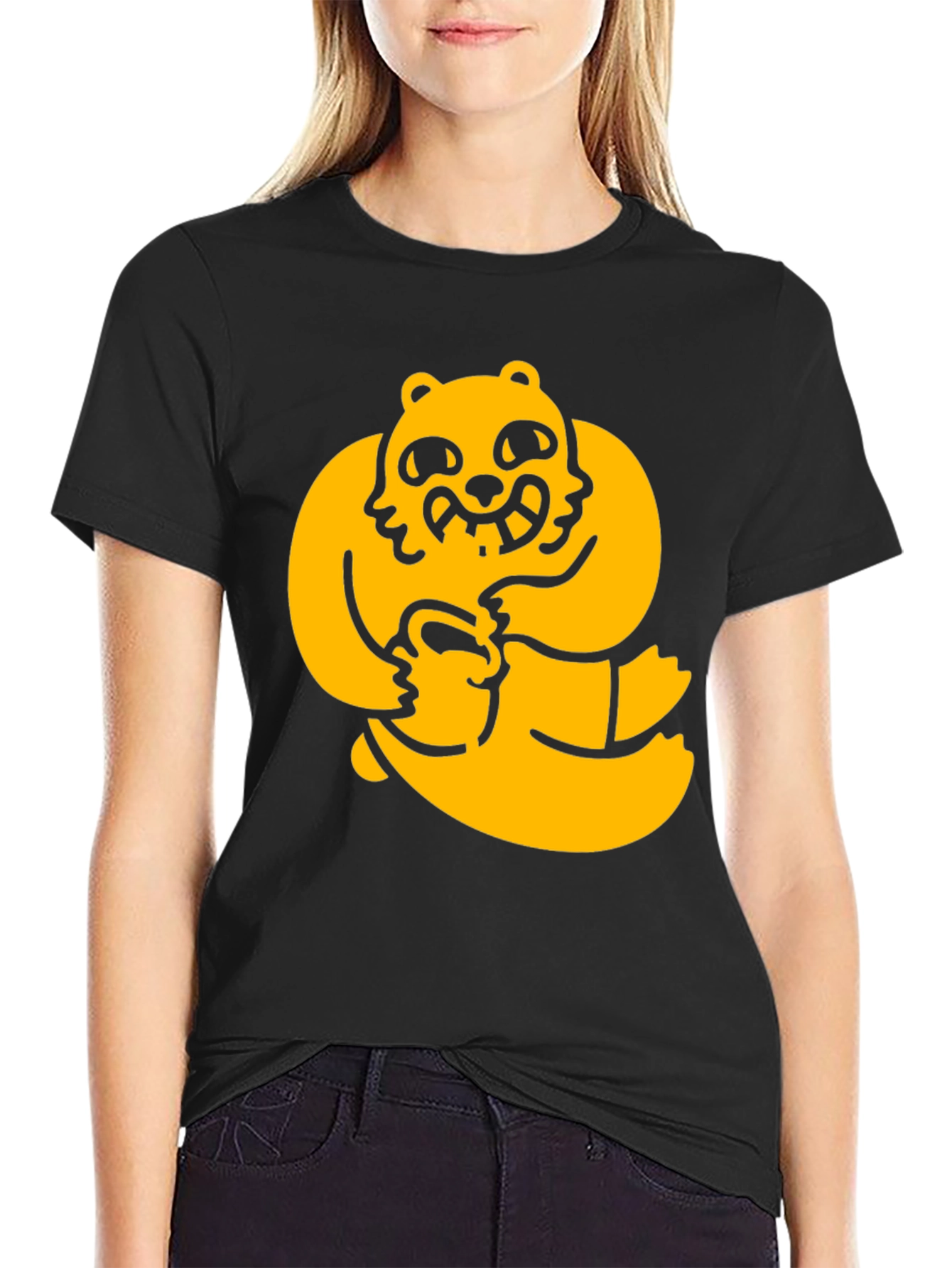 Black Men's Black Tee with Cartoon Bear Graphic view 2