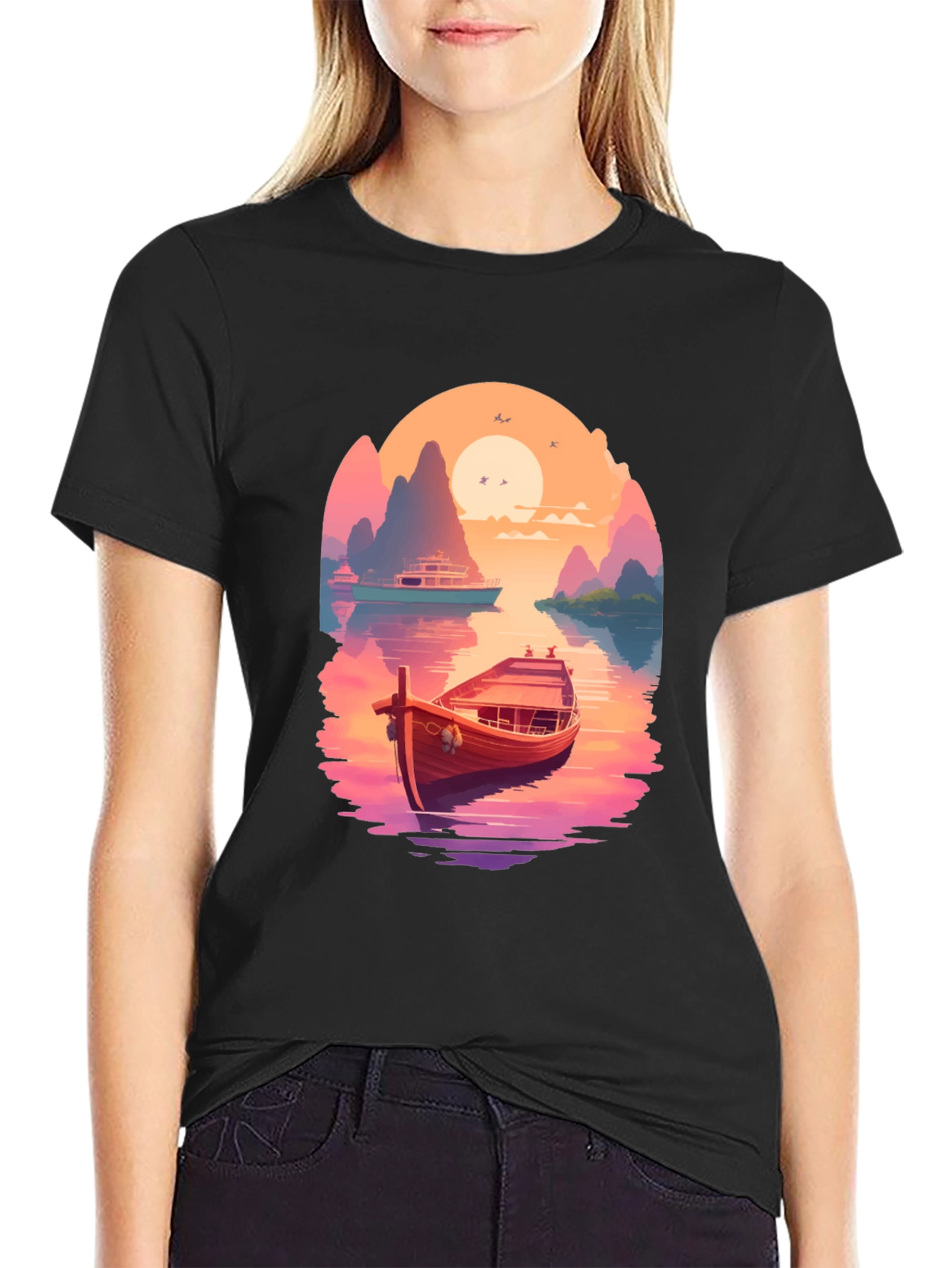 Boat Scene Graphic Tee - Retro Sunset Style - 2
