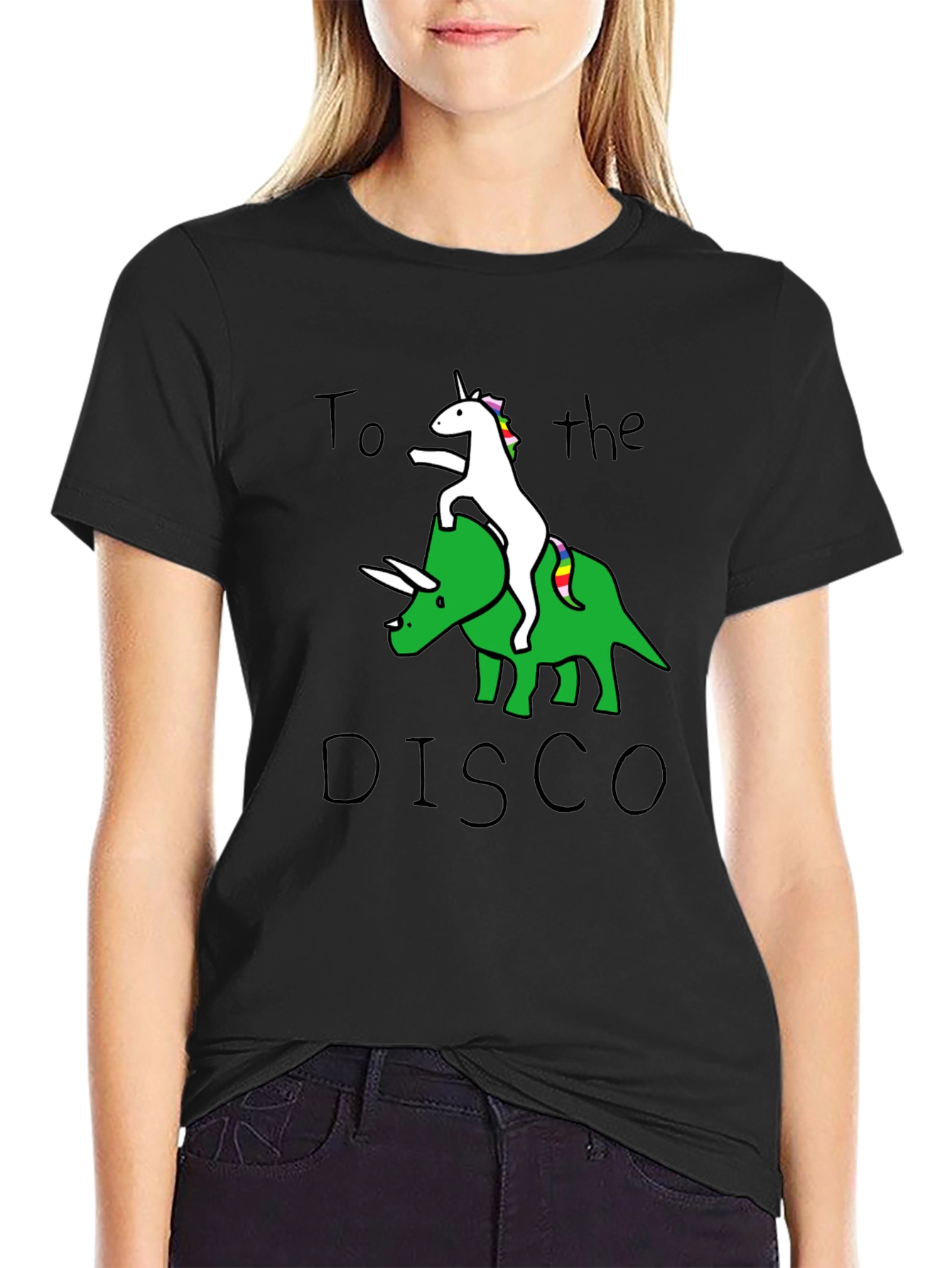 Black Unicorn Riding Dinosaur To the Disco T-Shirt view 2
