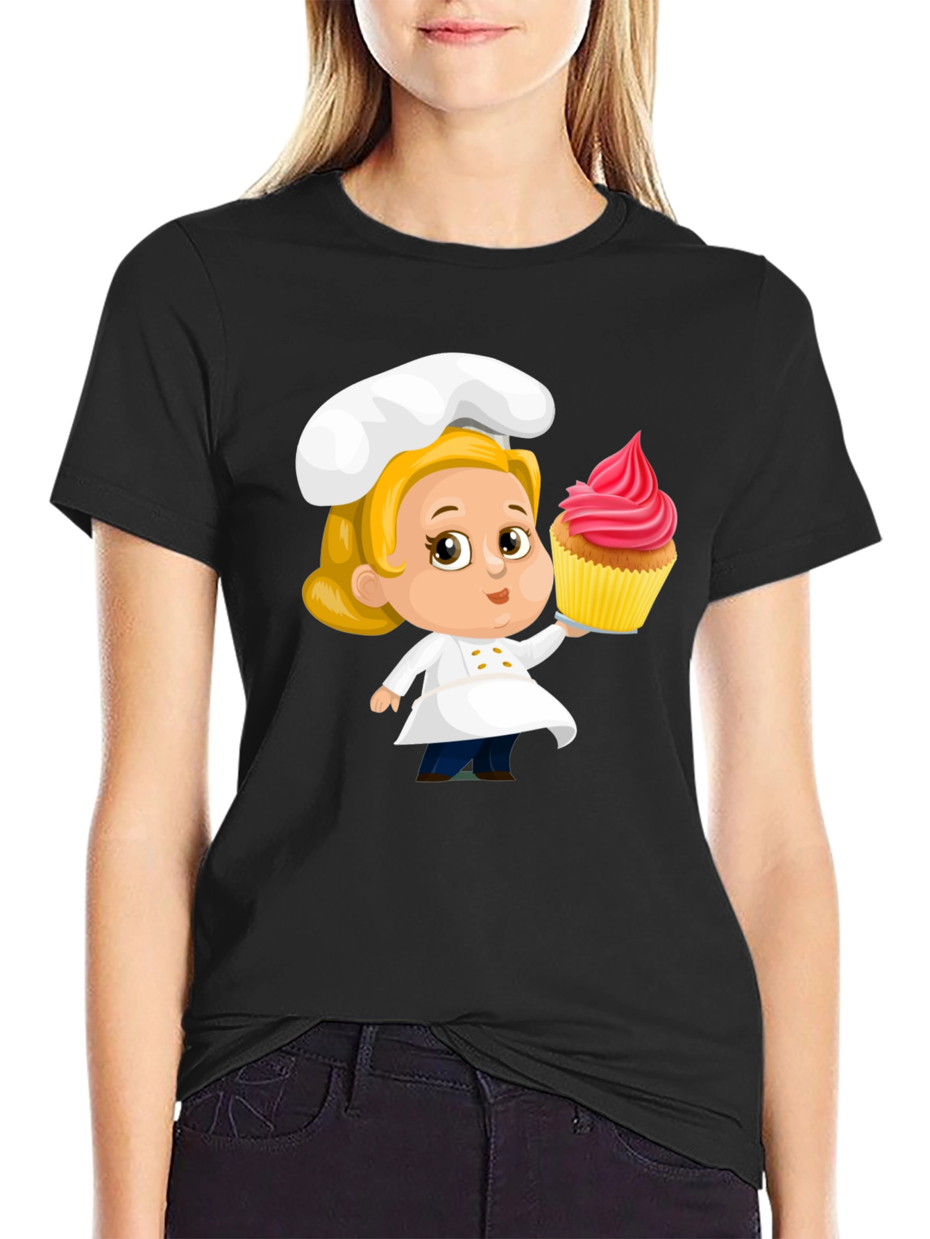 Black Chef Cupcake Cartoon T-Shirt - Cute & Fun Design view 2