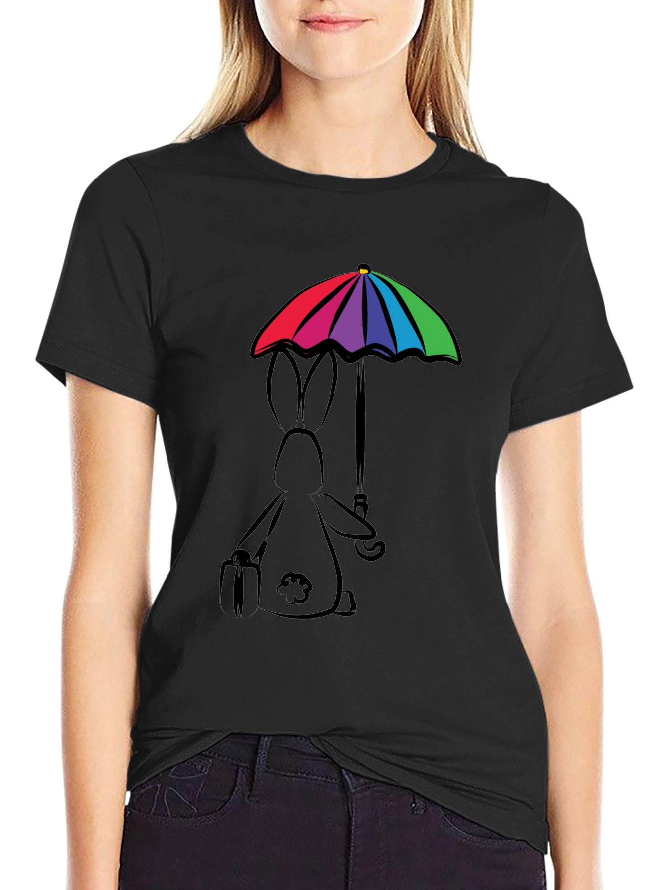 Black Rainbow Umbrella Bunny T-Shirt view 2