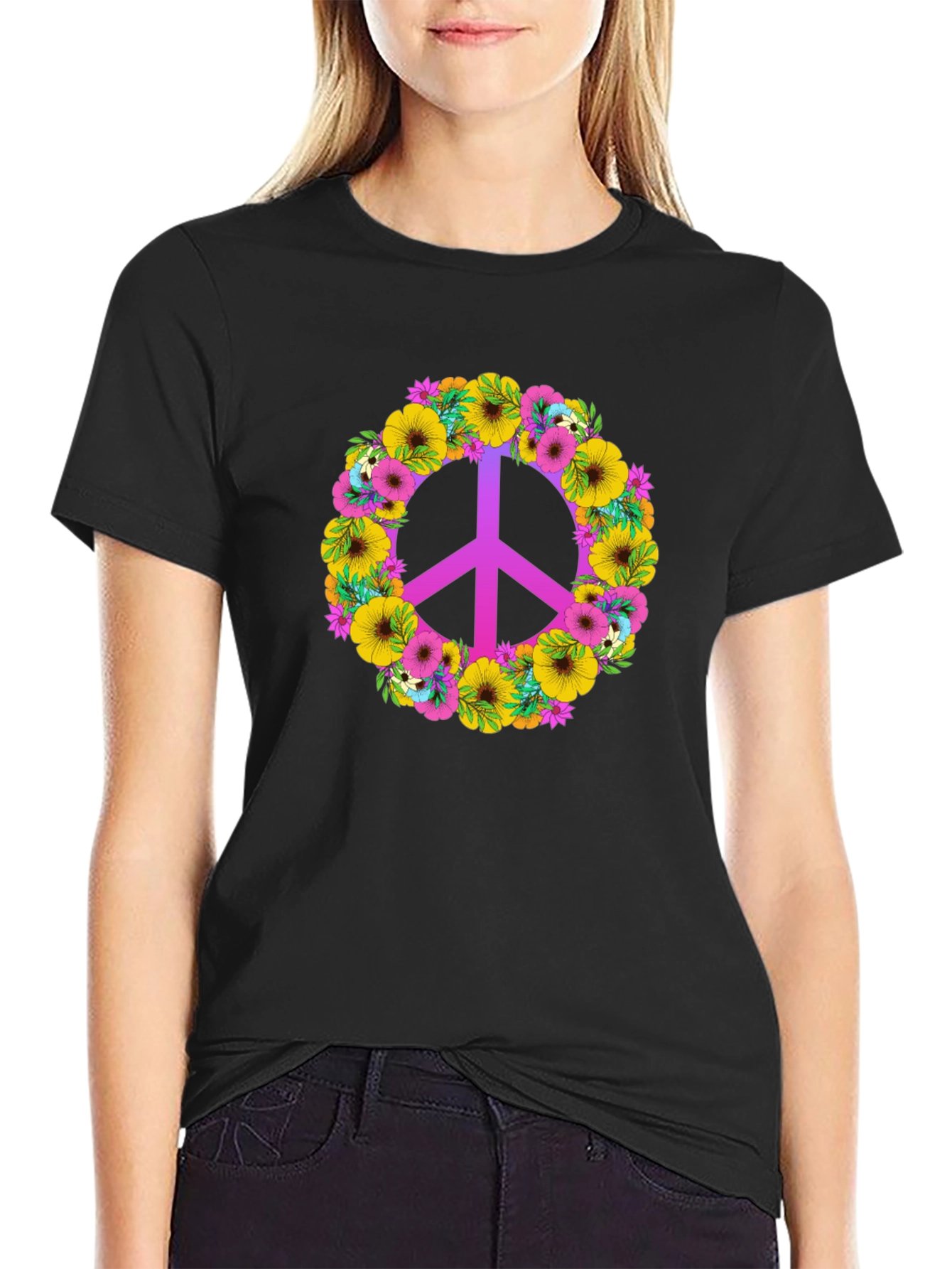 Black Floral Peace Sign Graphic Tee - Black Cotton Blend view 2