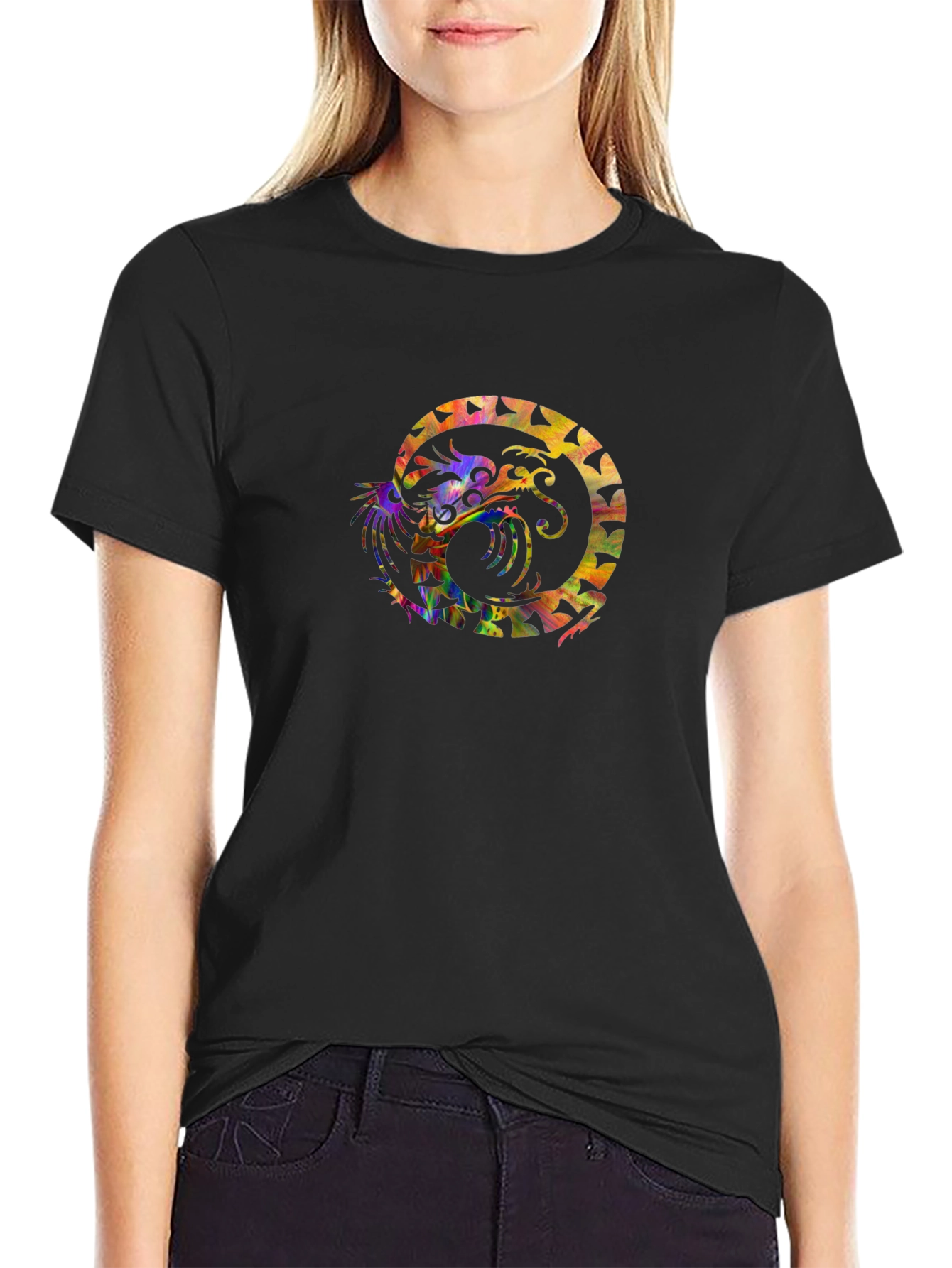 Black Colorful Dragon Graphic Black T-Shirt view 2