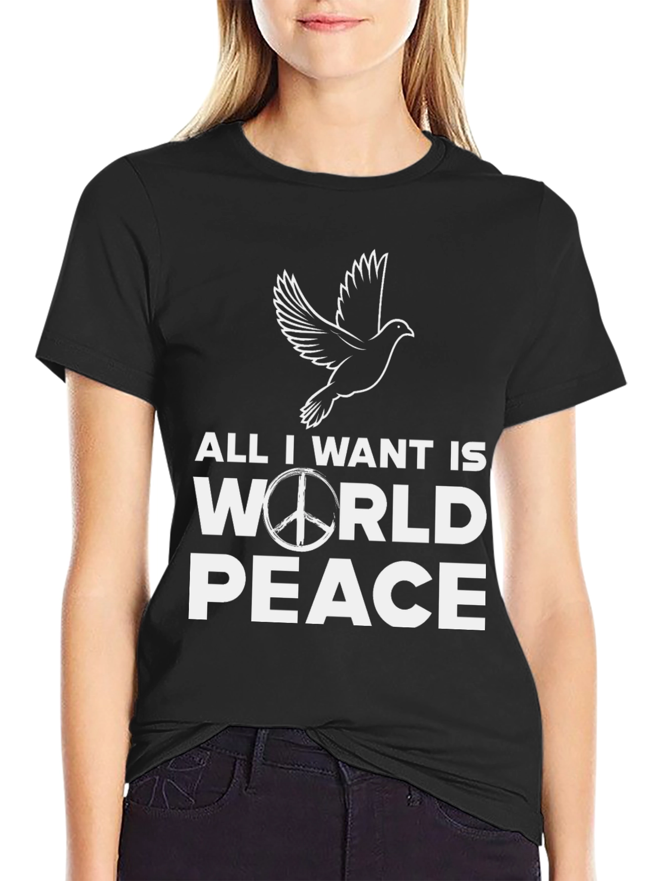 Black Peace Dove T-Shirt - All I Want Is World Peace Black Tee view 2