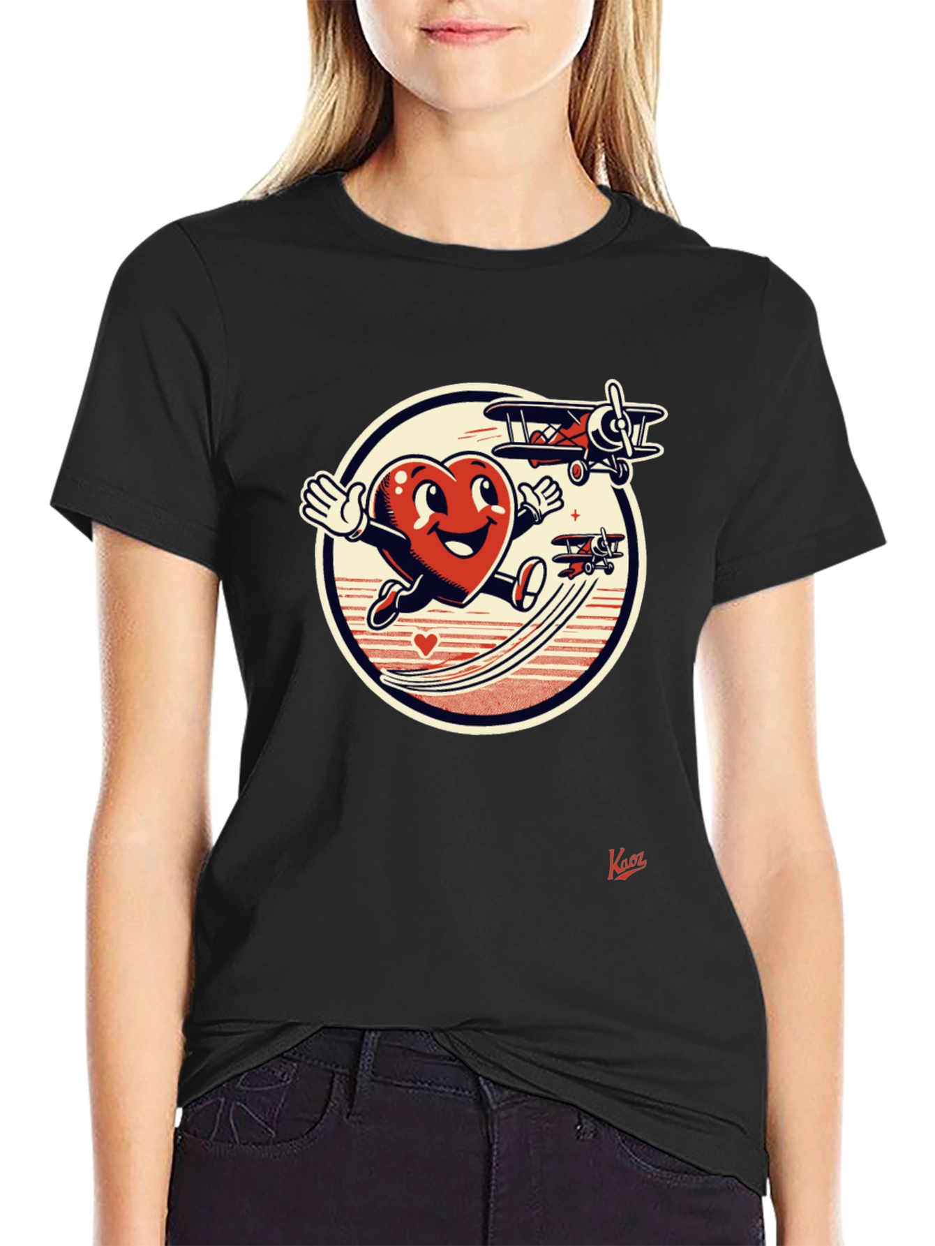 Black Cartoon Heart Airplane T-Shirt view 2