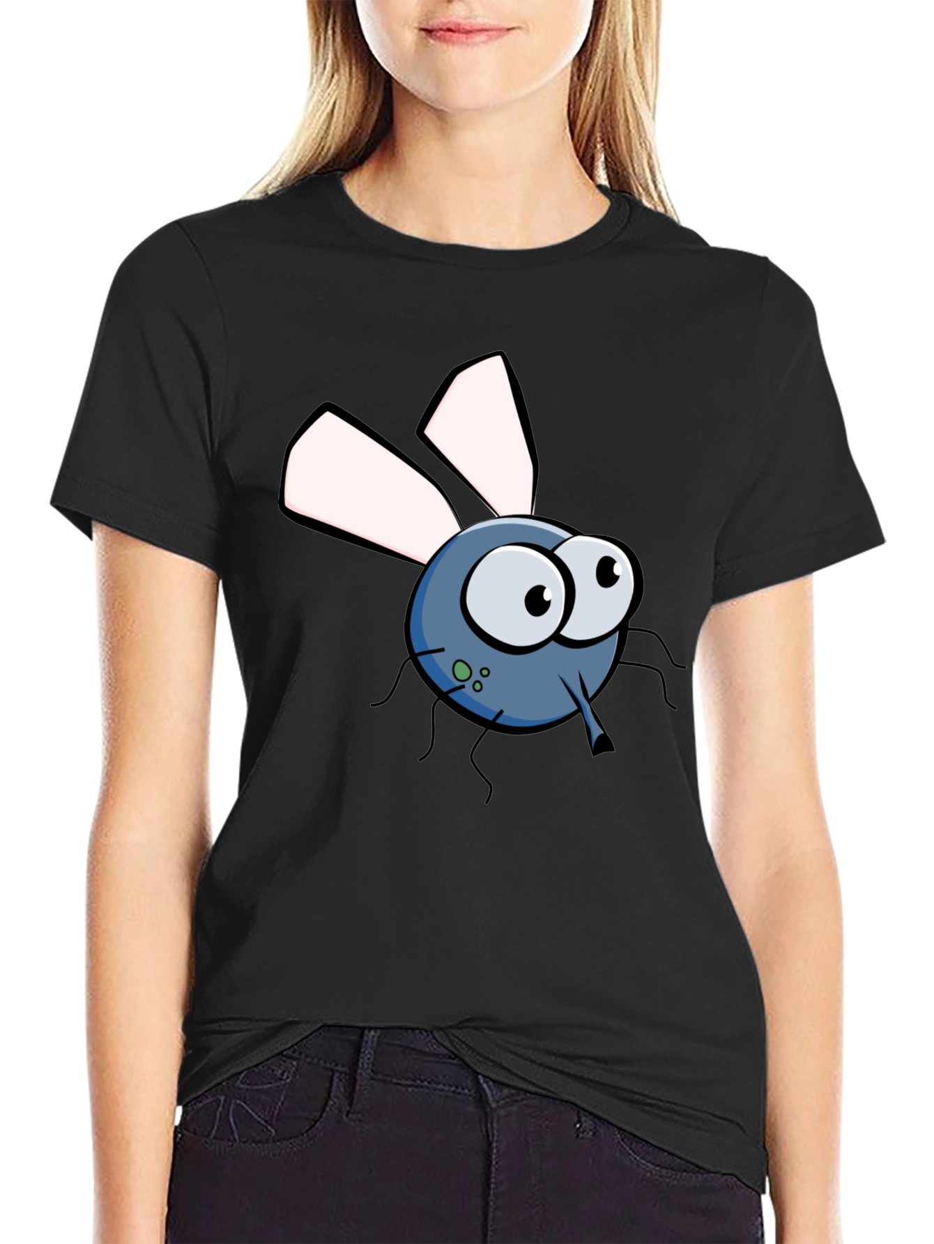 Black Funny Cartoon Fly Graphic T-Shirt view 2