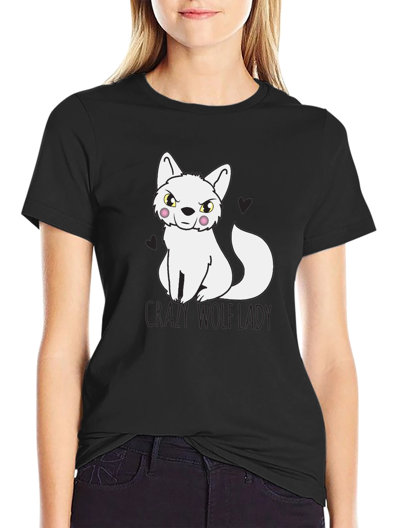 Black Crazy Wolf Lady T-Shirt - Novelty Tee view 2