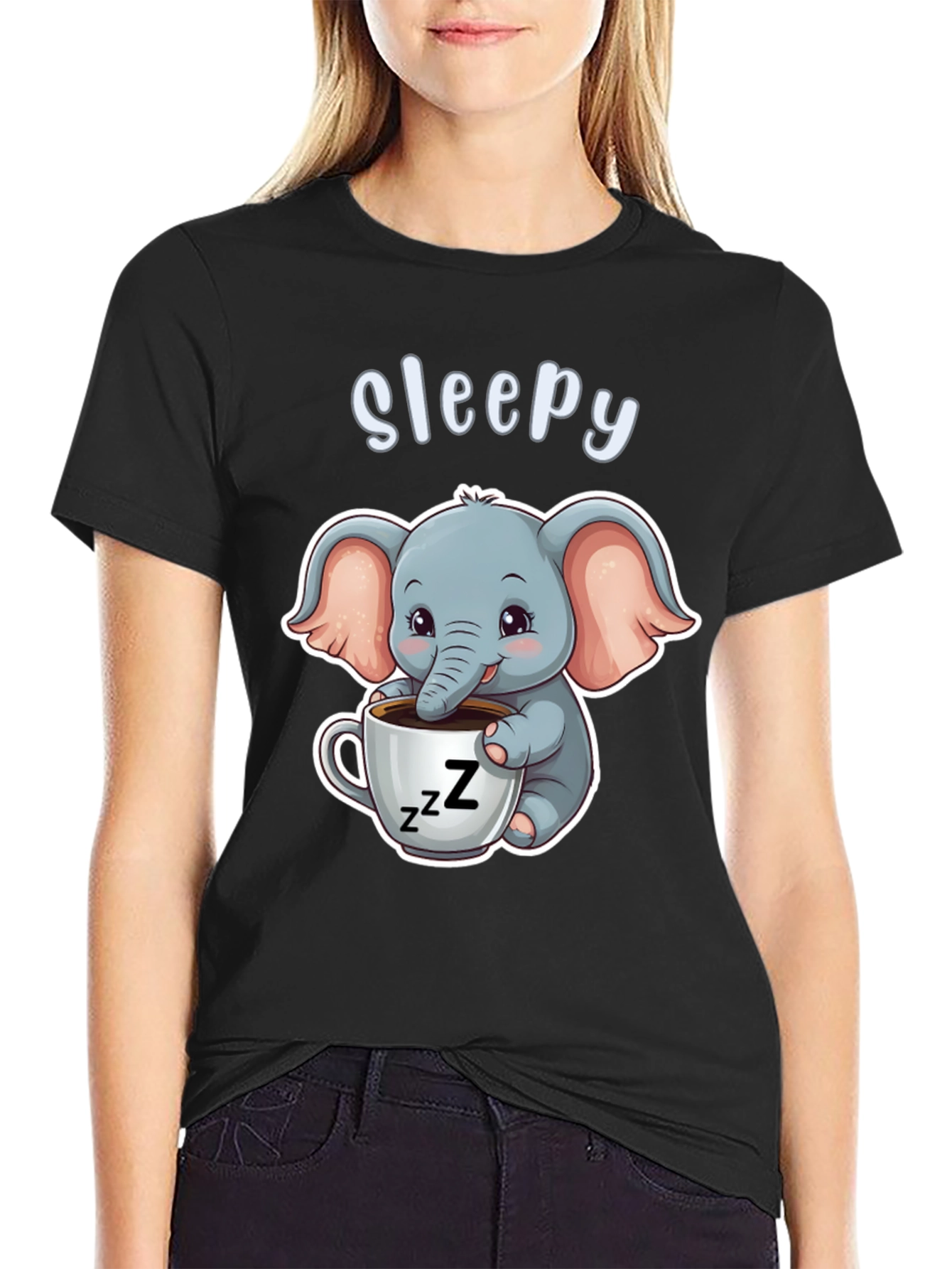 Black Sleepy Elephant Graphic Tee - Cute Cartoon Shirt view 2
