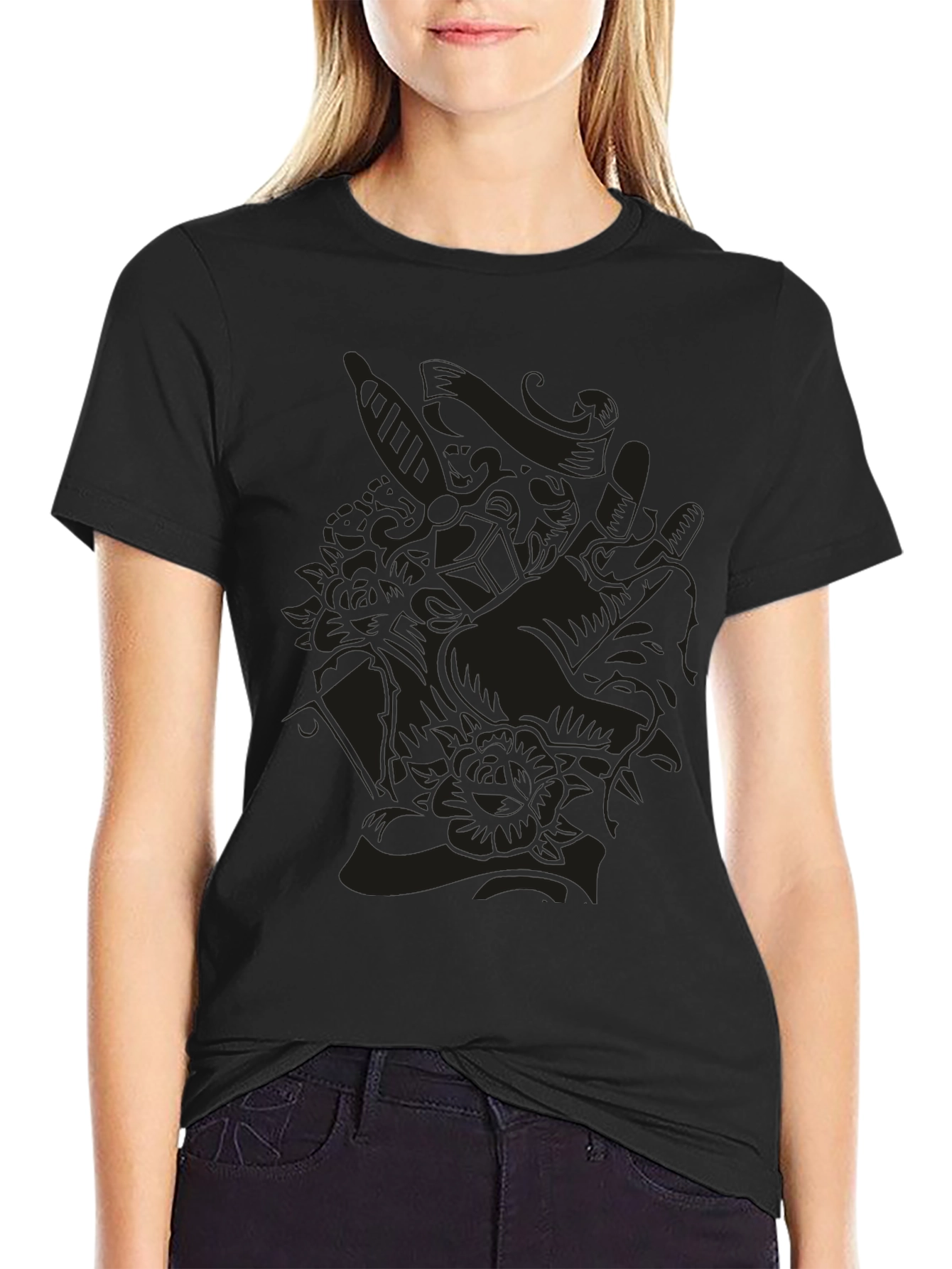 Black Dark Art Graphic Tee - Skull & Rose Design view 2