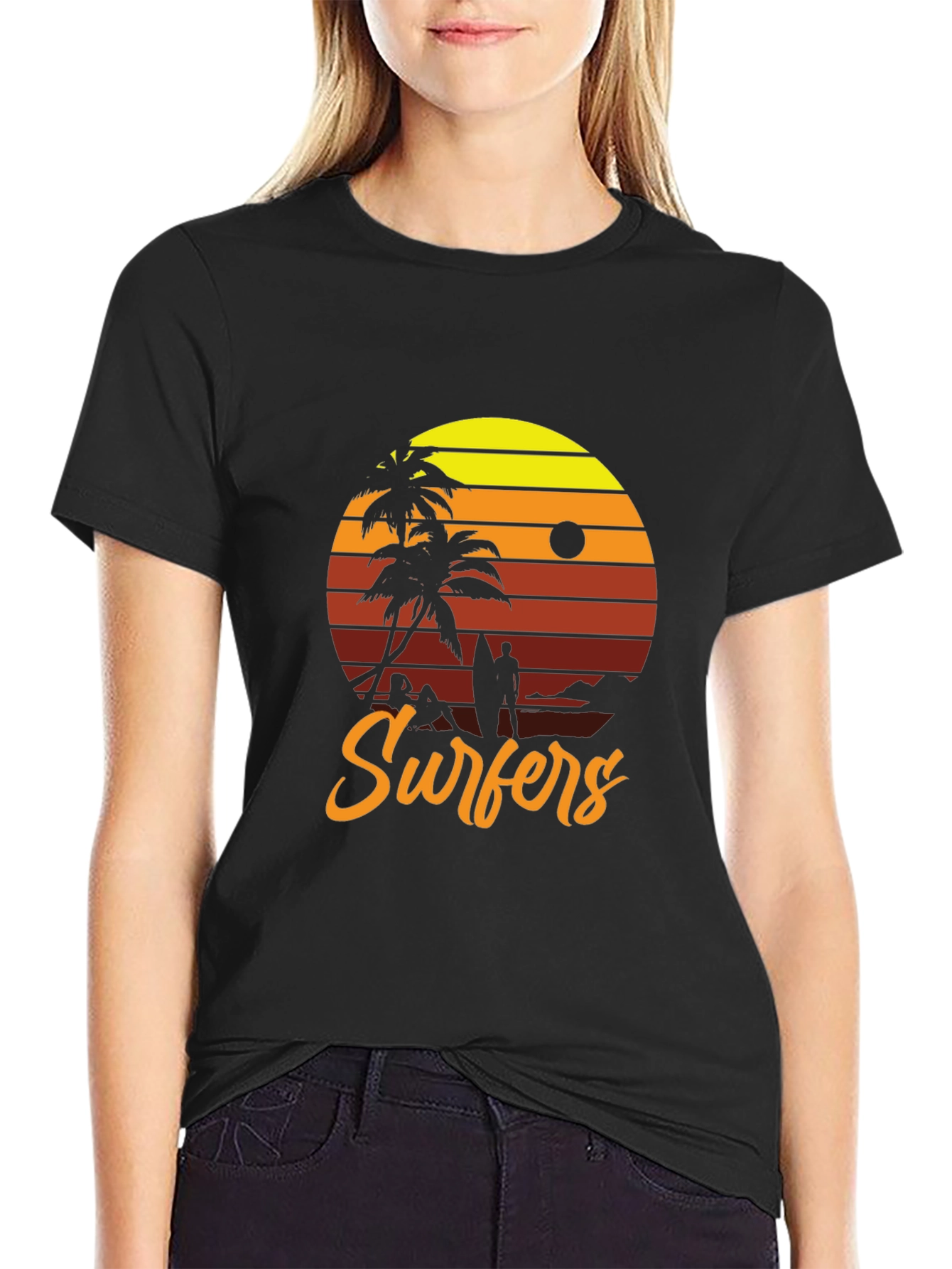 Black Retro Surfers Sunset T-Shirt view 2